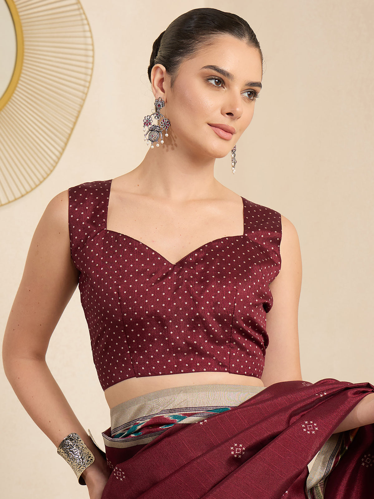 Unstitched maroon bhagalpuri silk blouse piece with ethnic motif design