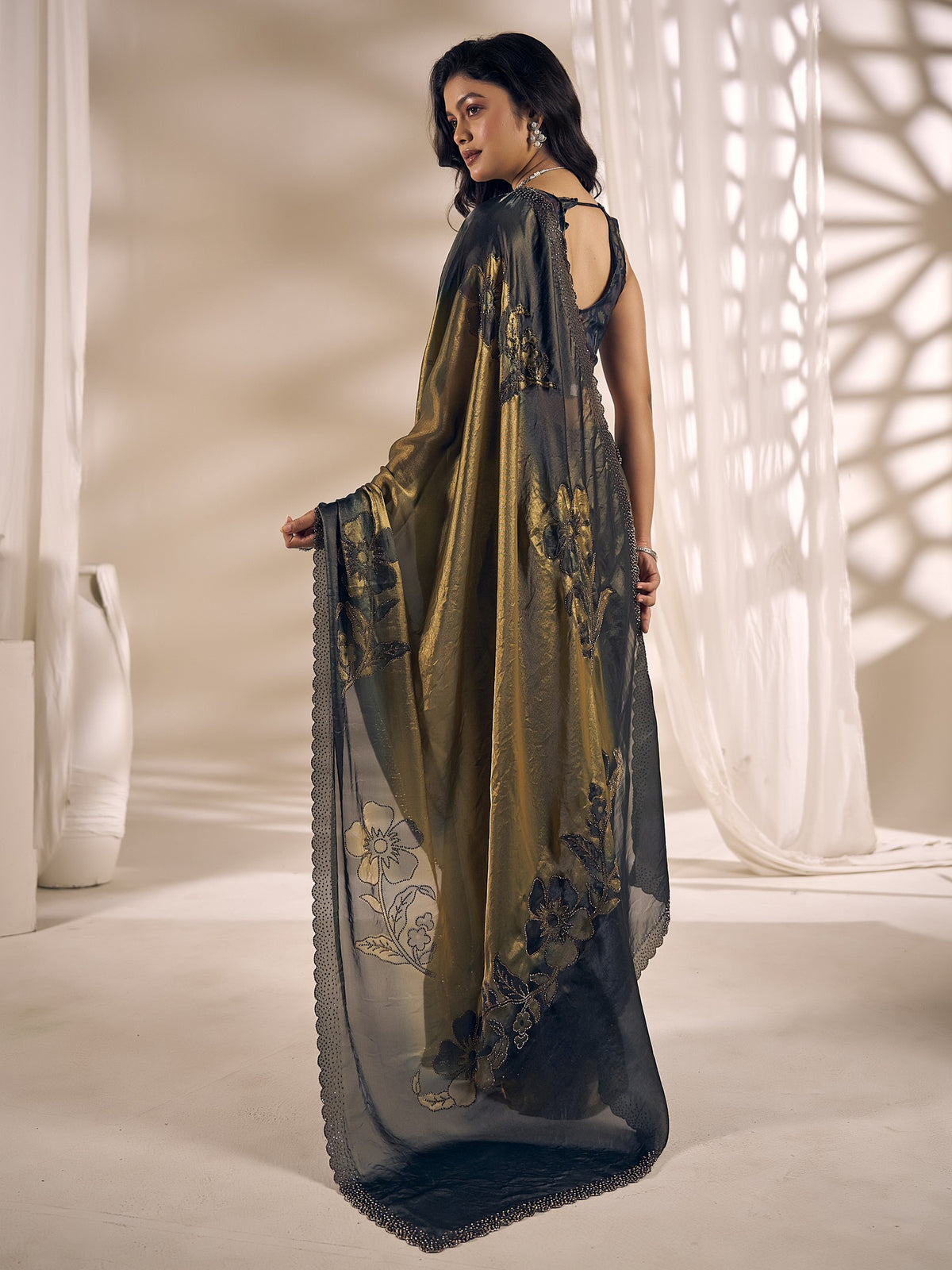 Olive satin silk saree view 2