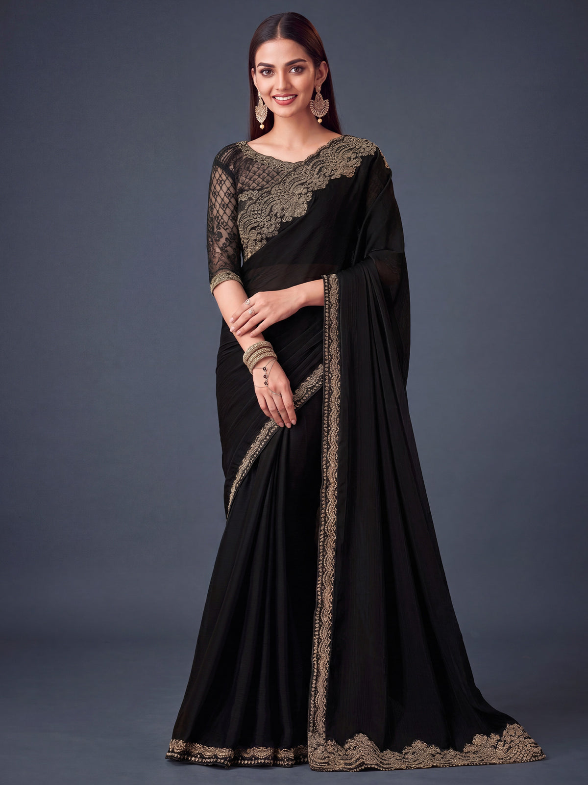 Black Satin Silk saree – detail view 3