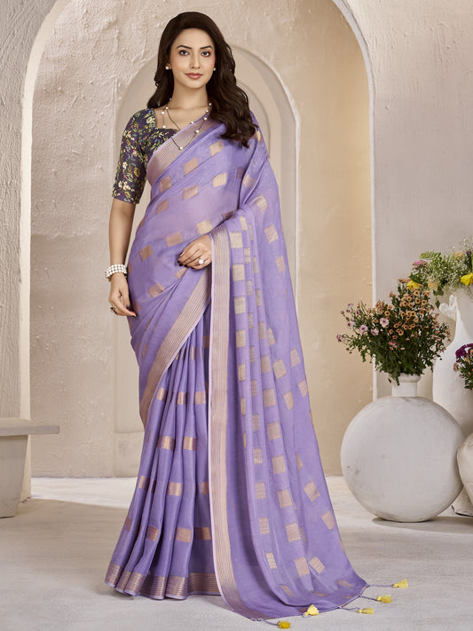 Lavender zari butta georgette saree with purple blouse piece