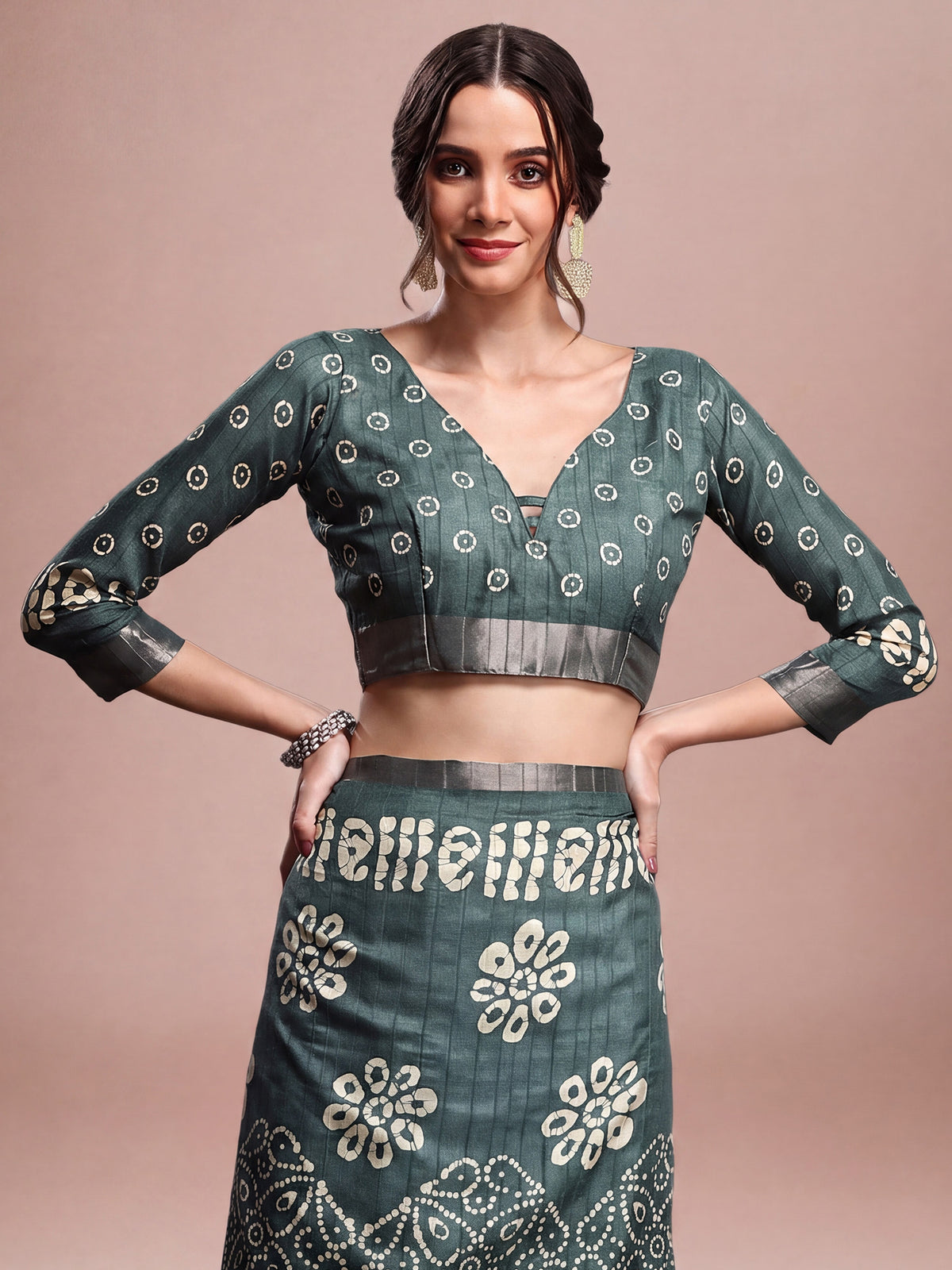 Unstitched sea green silk blend blouse piece with floral design