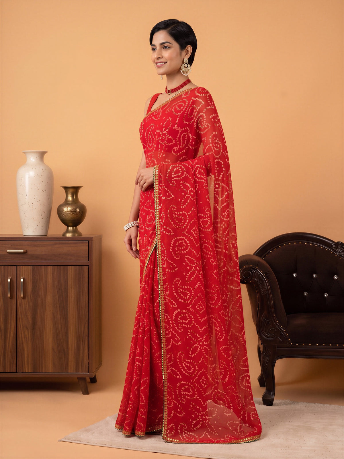 Red Georgette saree – detail view 3