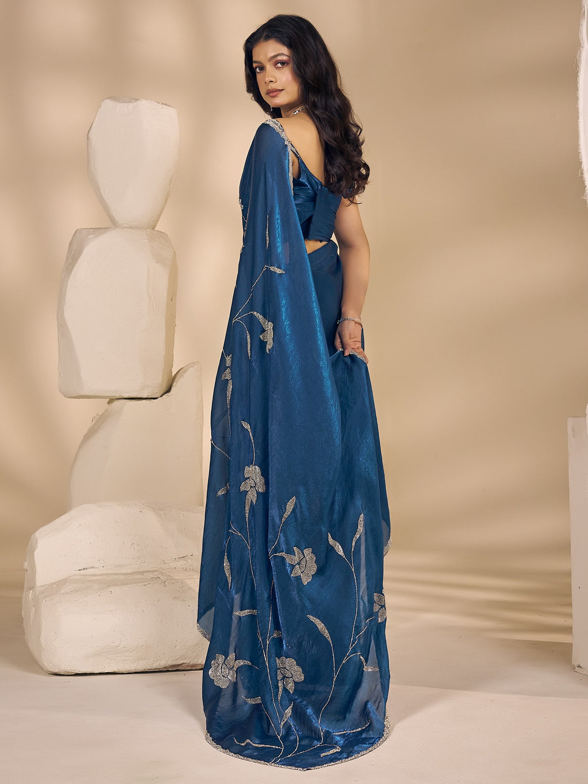 Teal Blue satin silk saree view 2