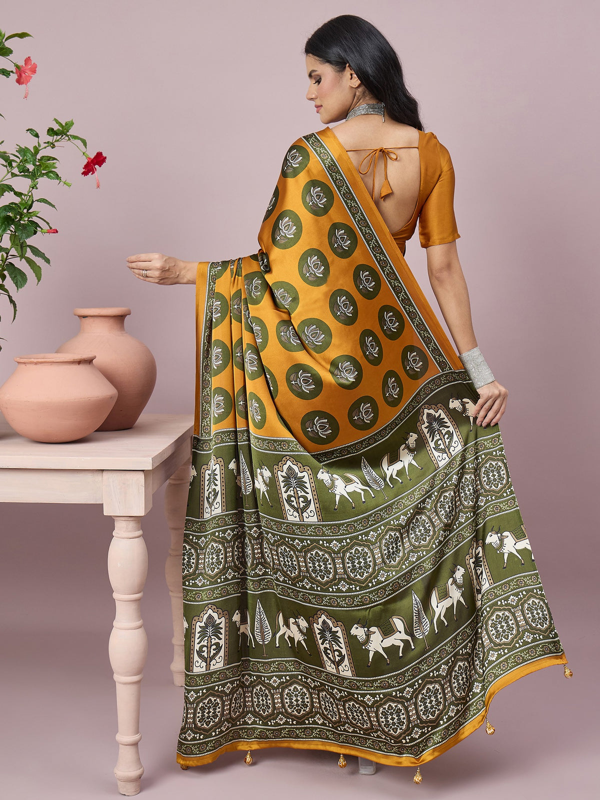 Mustard satin saree view 2