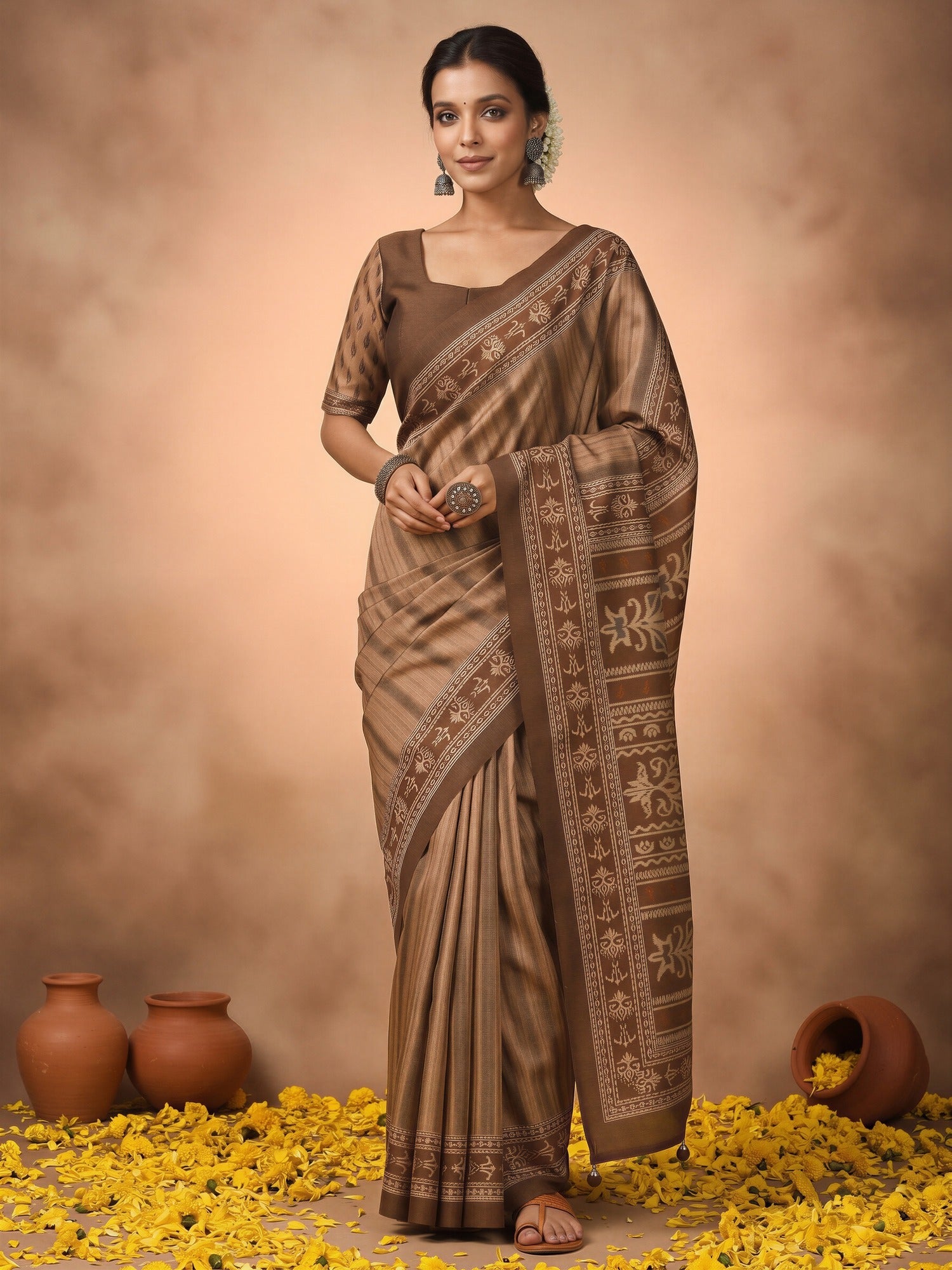 Woman wearing brown silk blend saree with striped pattern design and brown blouse