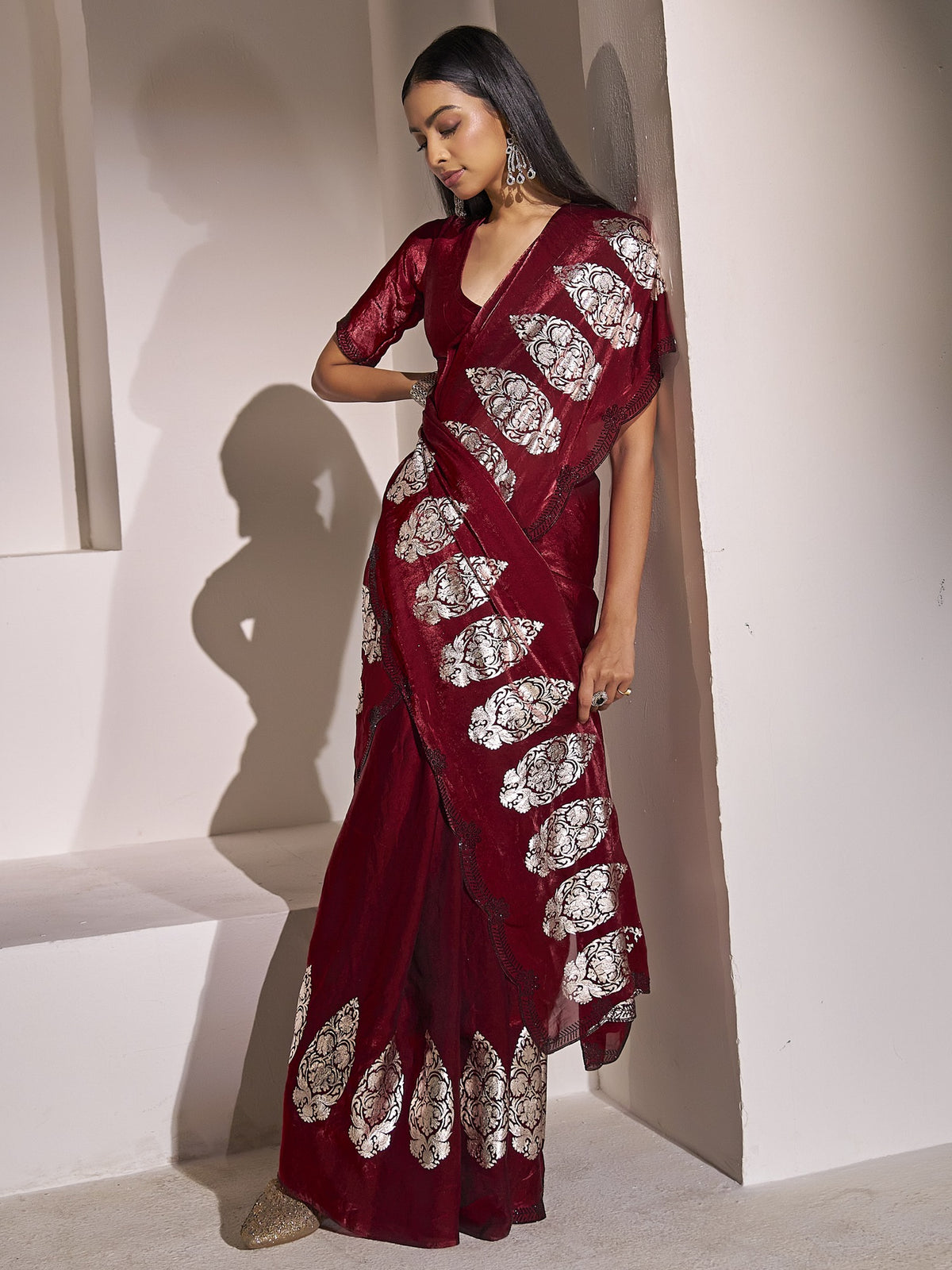 Maroon satin silk saree view 3