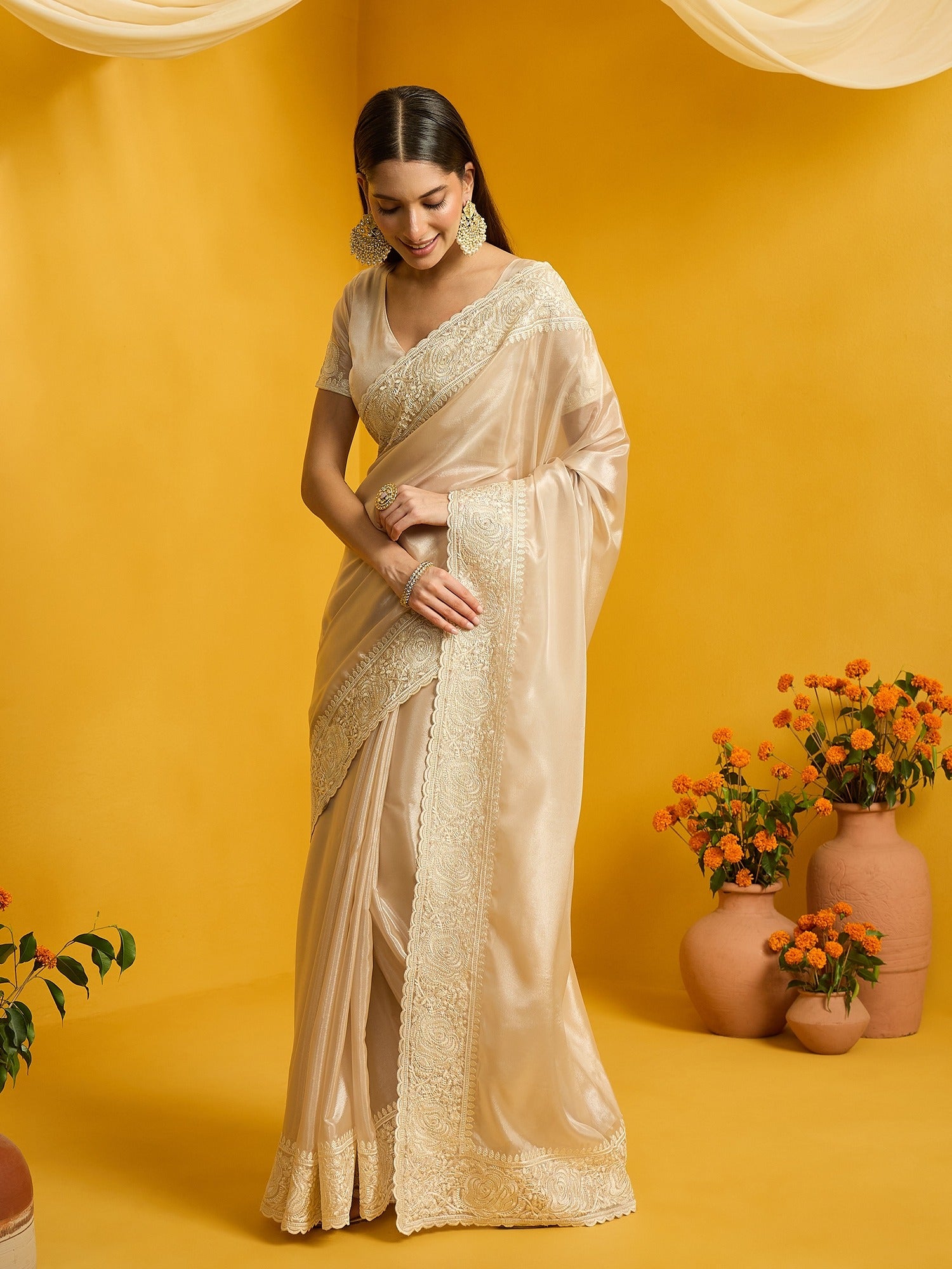 Beige Organza saree – detail view 1