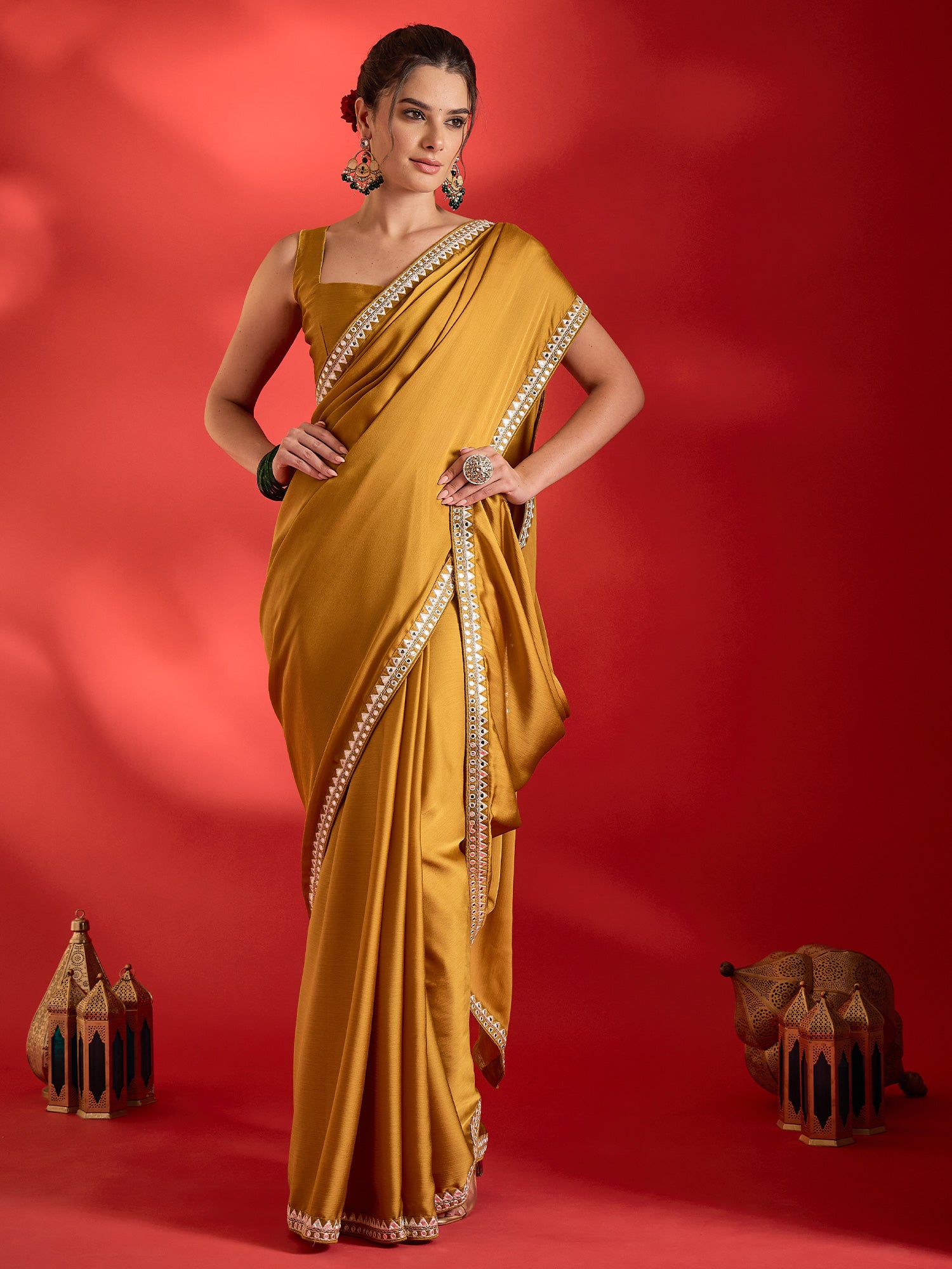 Mustard Satin saree – detail view 3