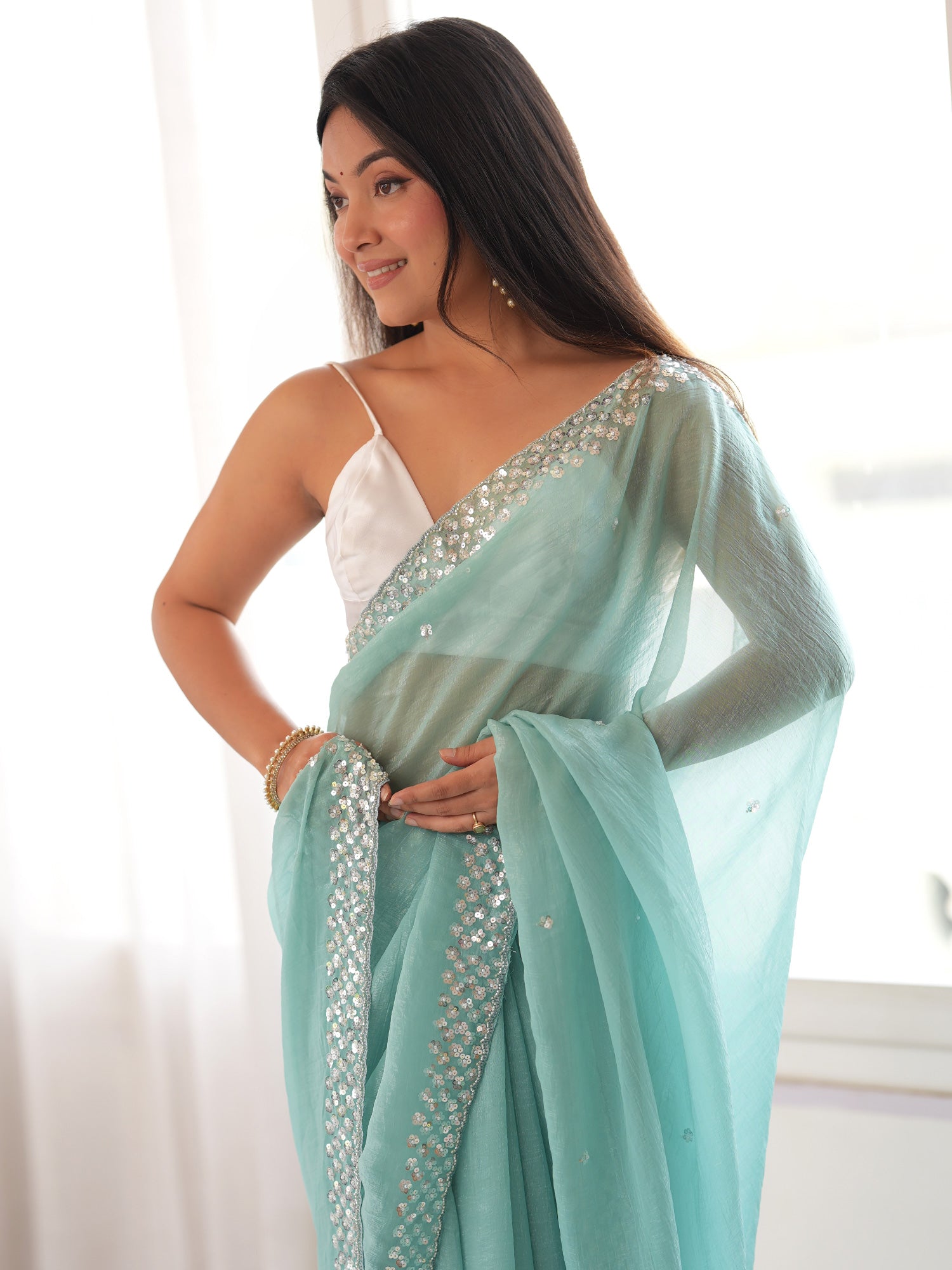 Light Blue Georgette saree – detail view 4