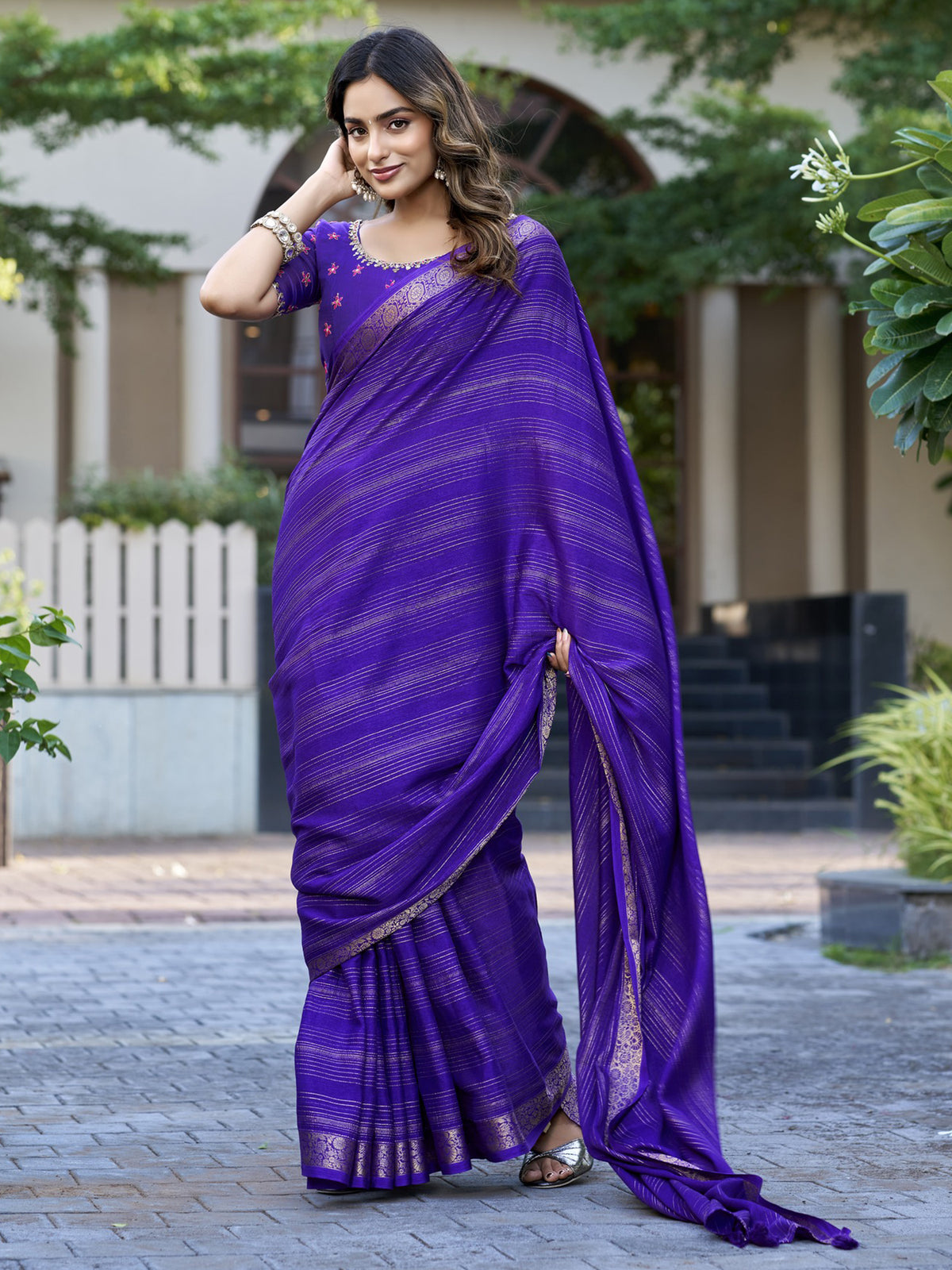 Violet striped jacquard saree with violet blouse piece