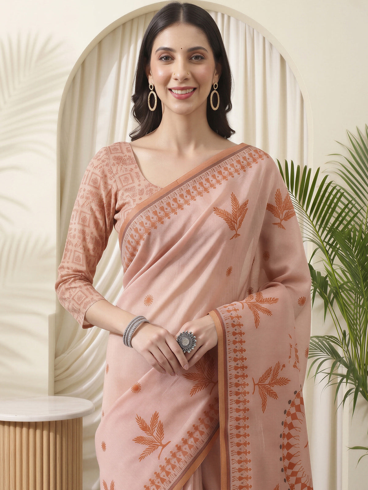 Rust Cotton Linen saree – detail view 3