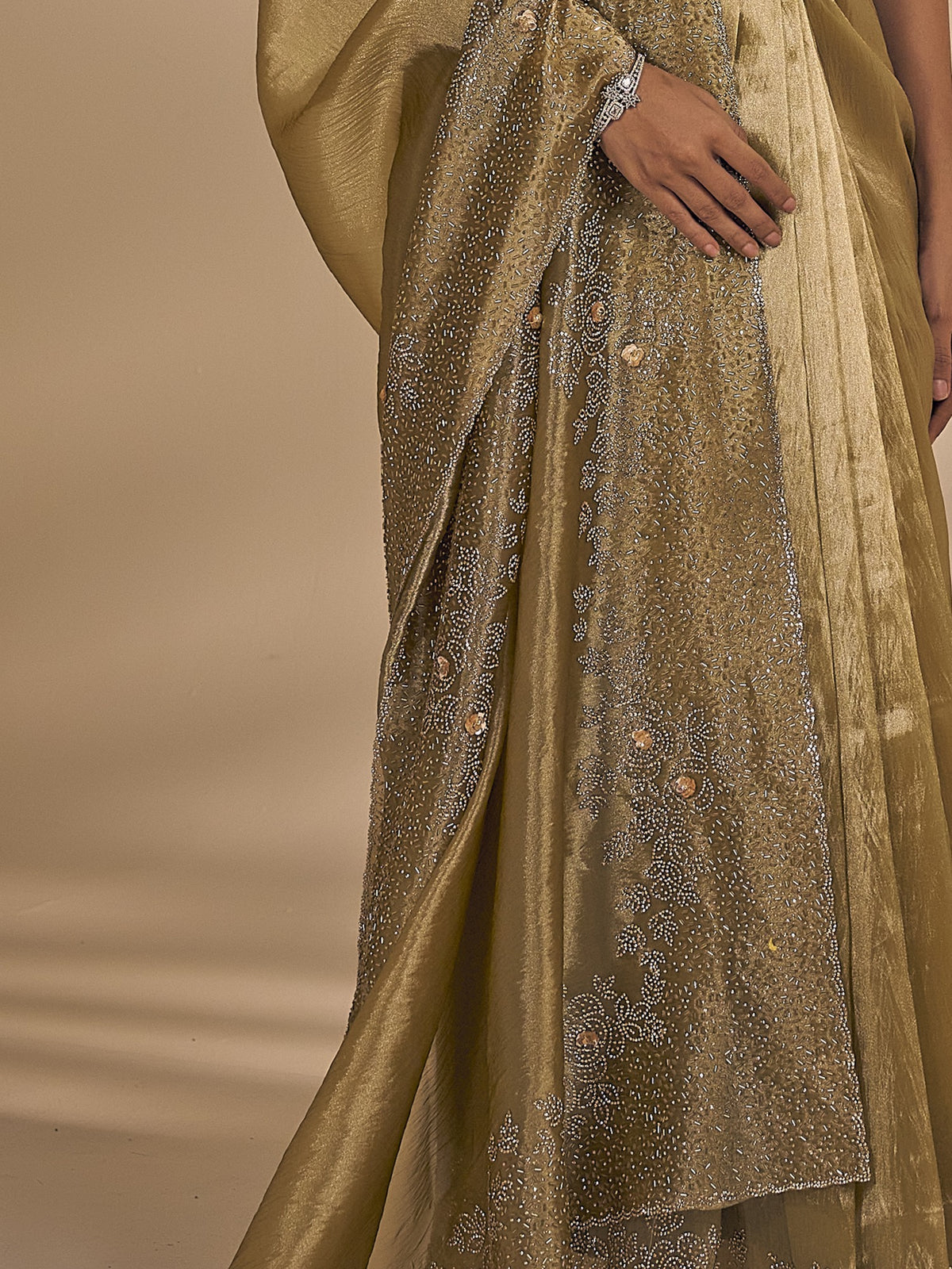 Olive organza saree view 6