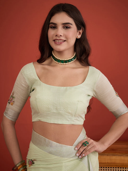 Light Green linen blend saree view 1