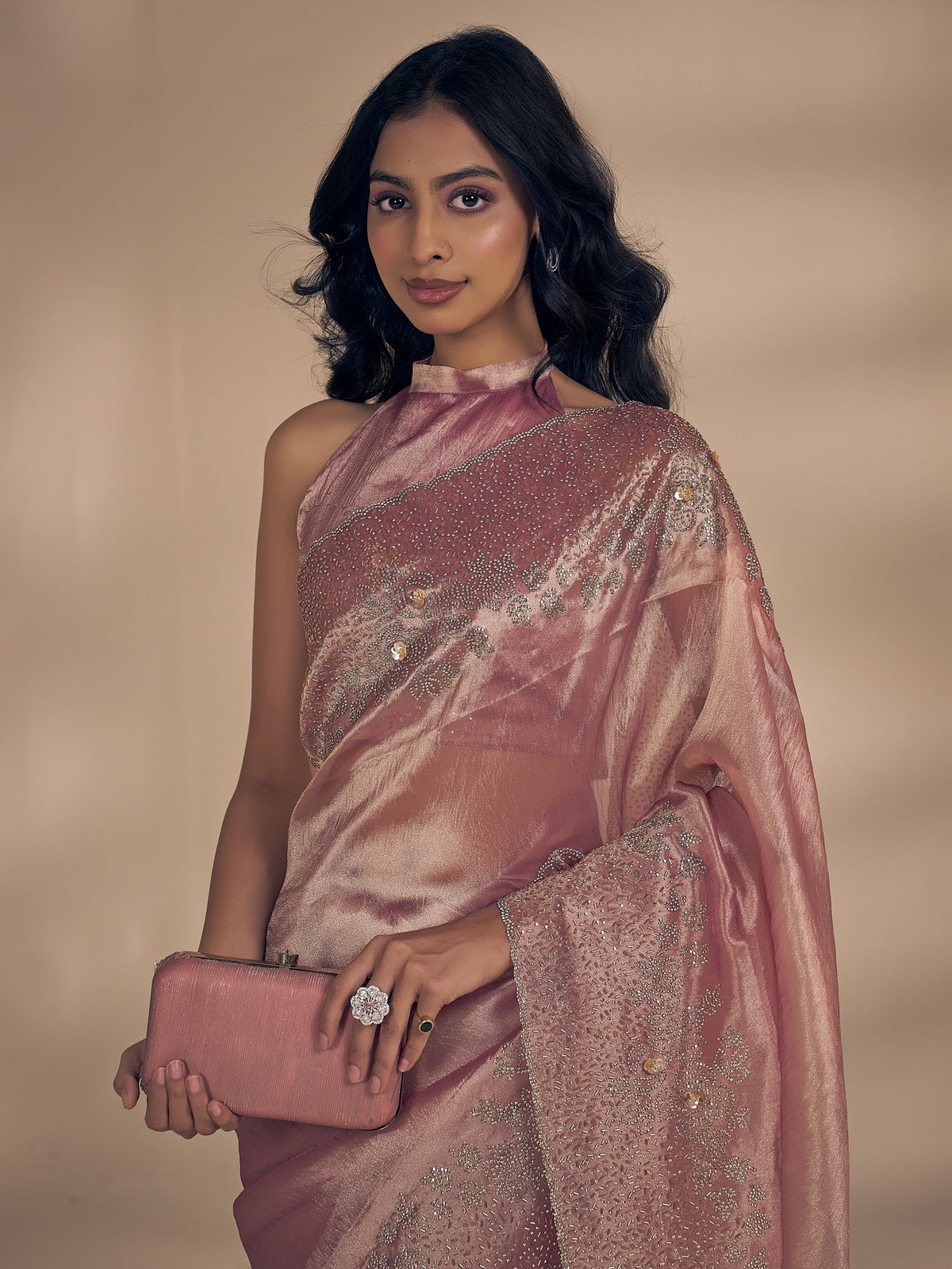 Mauve organza saree view 2