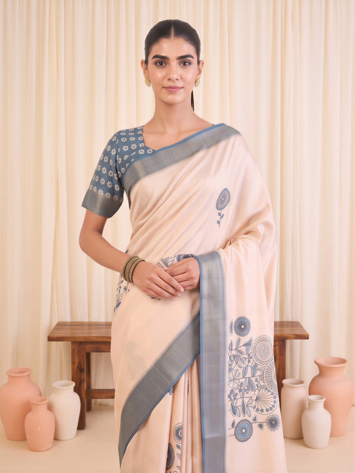White Satin Silk saree – detail view 4