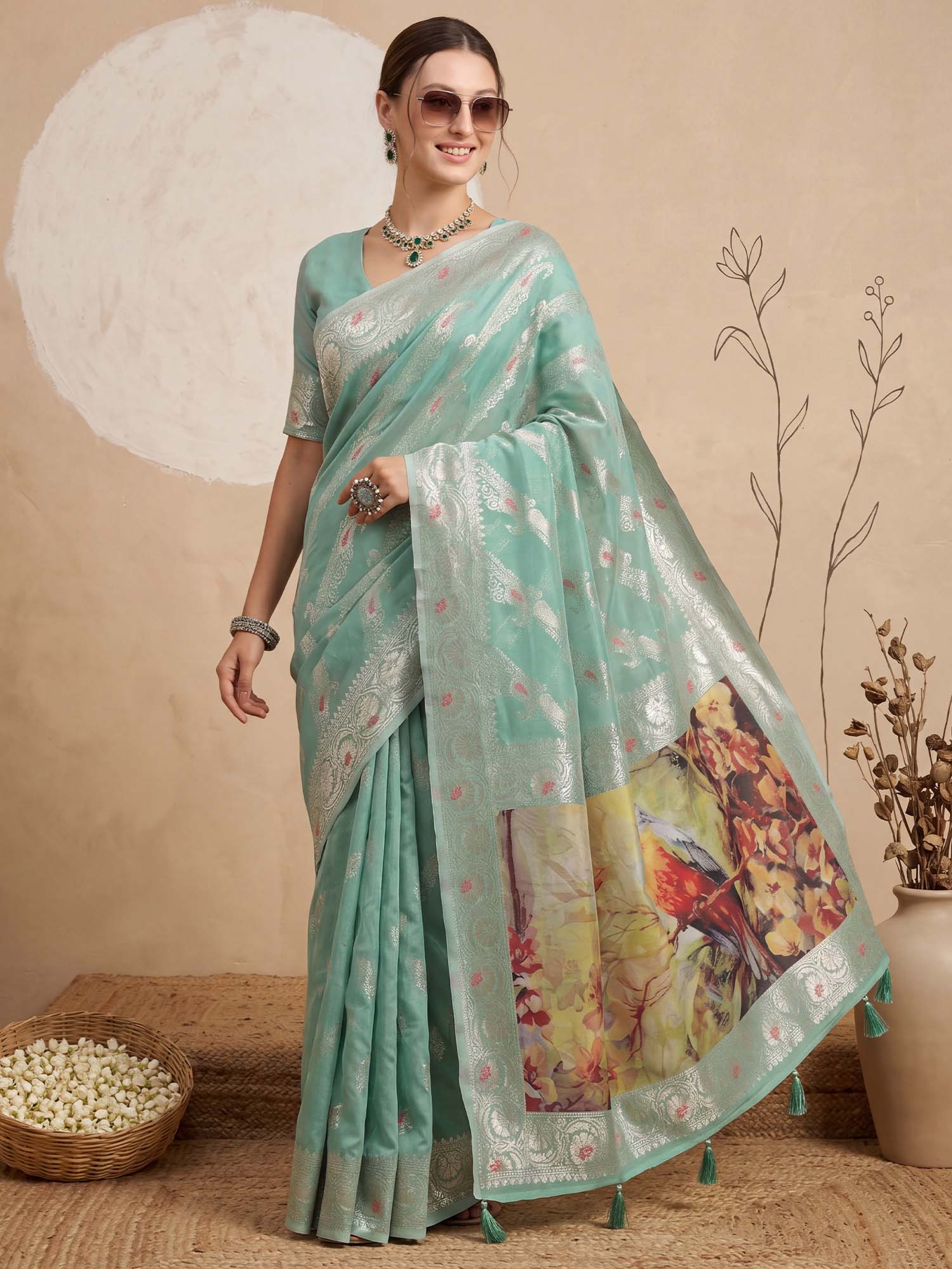 Turquoise Organza saree – detail view 3