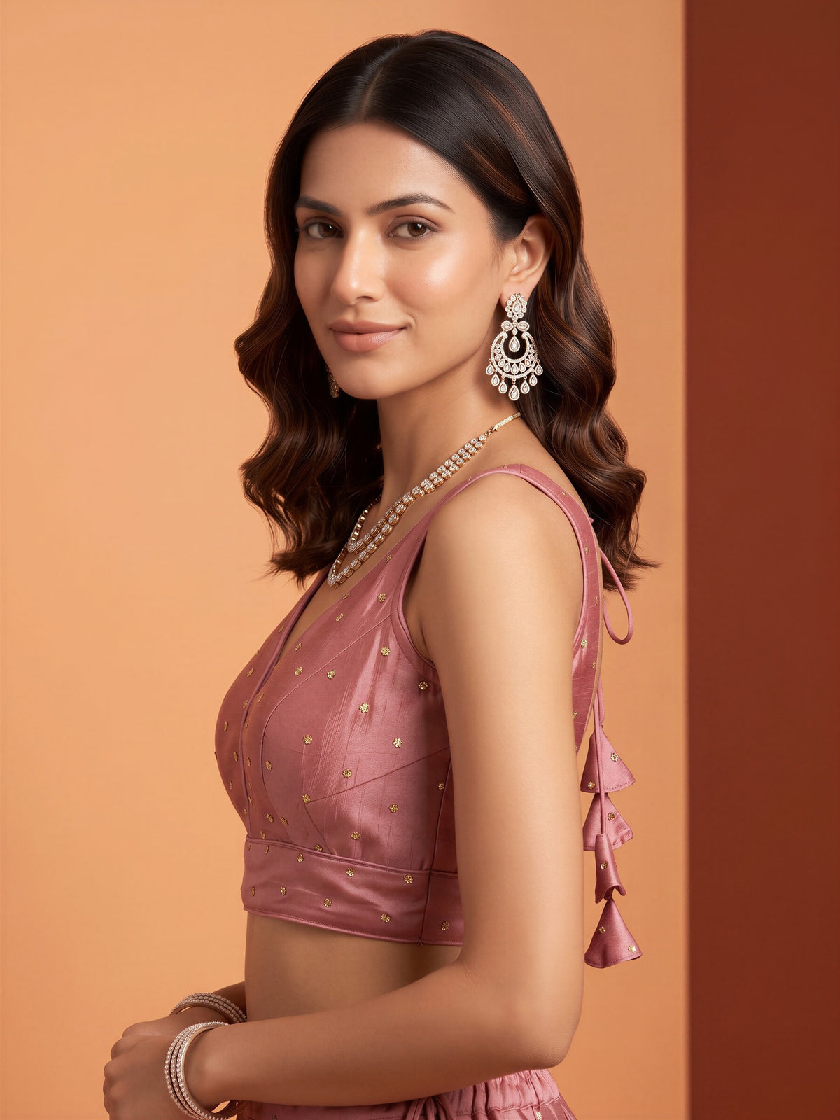 Rose Gold sequin embellished silk blend sleeveless readymade saree blouse with v neck view 2