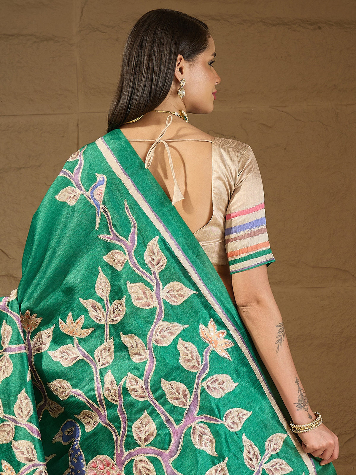 Teal Green art silk saree view 2