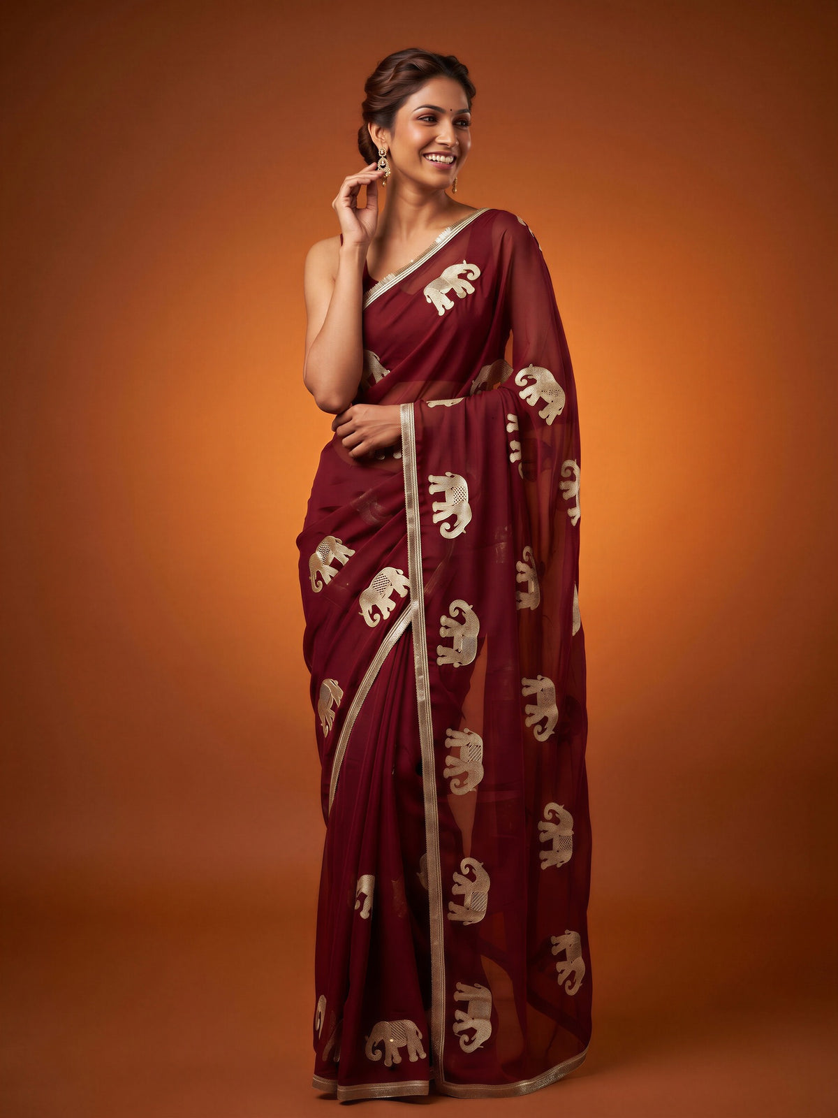 Maroon Georgette saree – detail view 3
