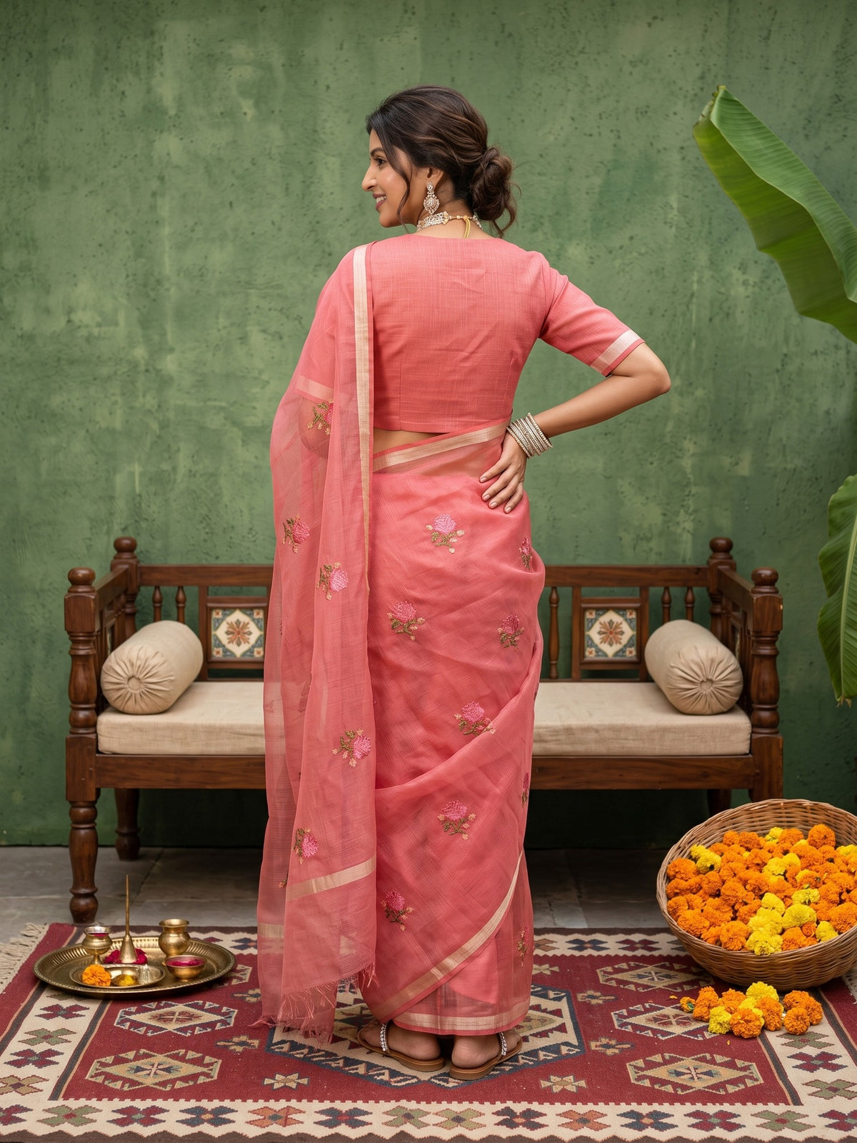 Peach Kota Doria Cotton saree – detail view 1