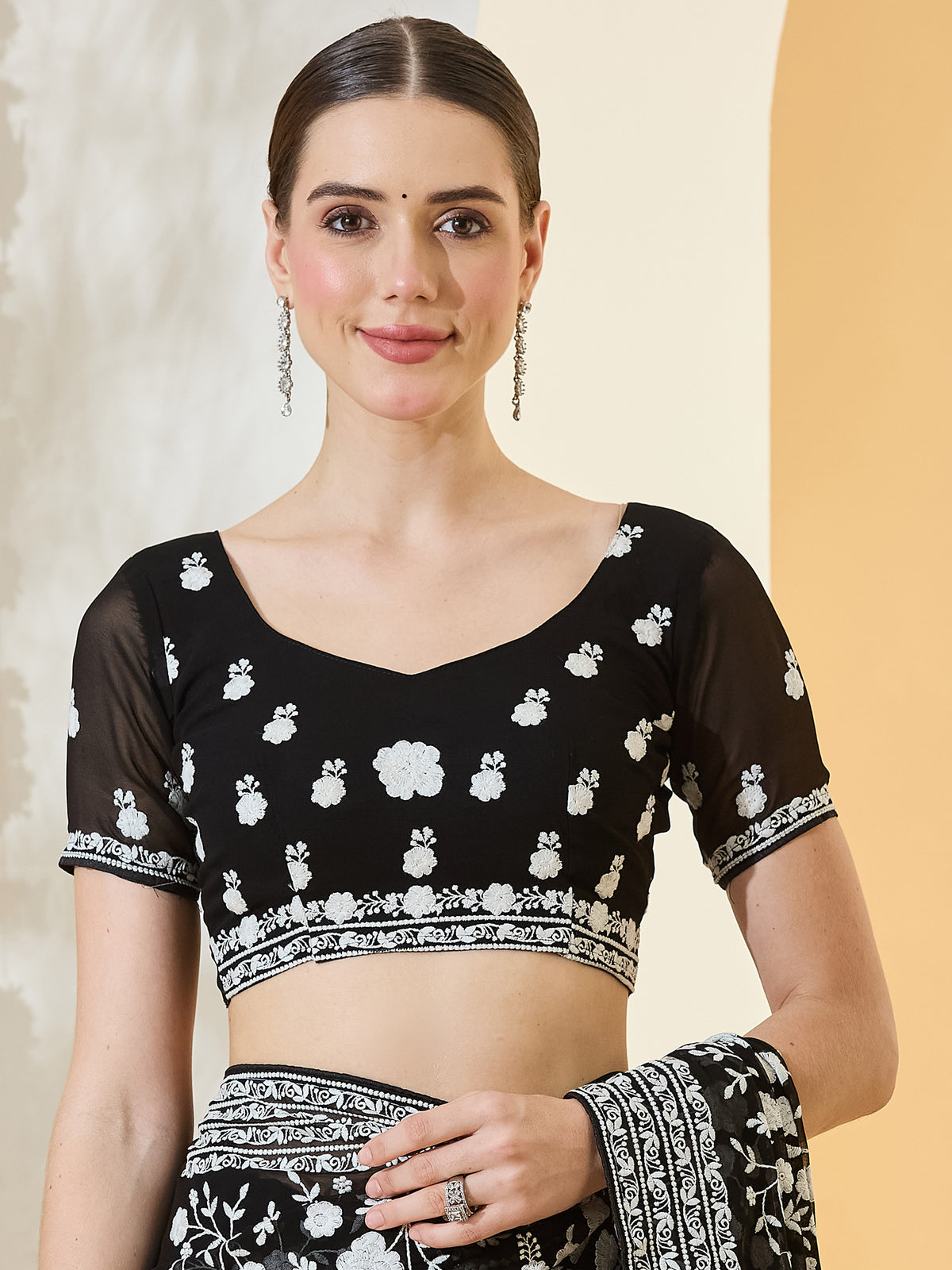 Unstitched black georgette blouse piece with embroidered design