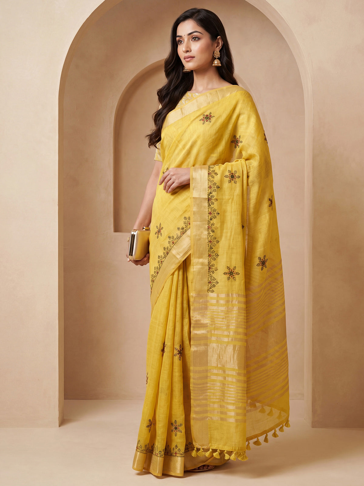 Yellow Cotton Linen saree – detail view 2