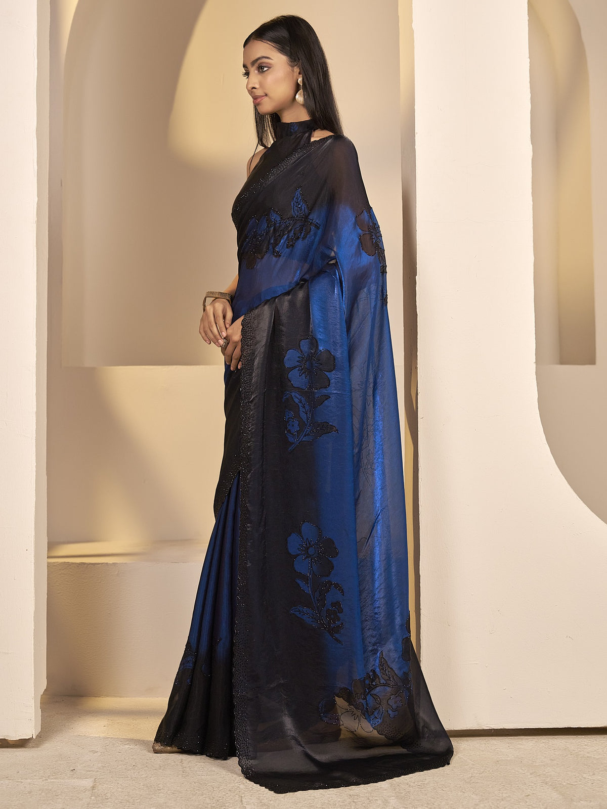 Blue satin silk saree view 2