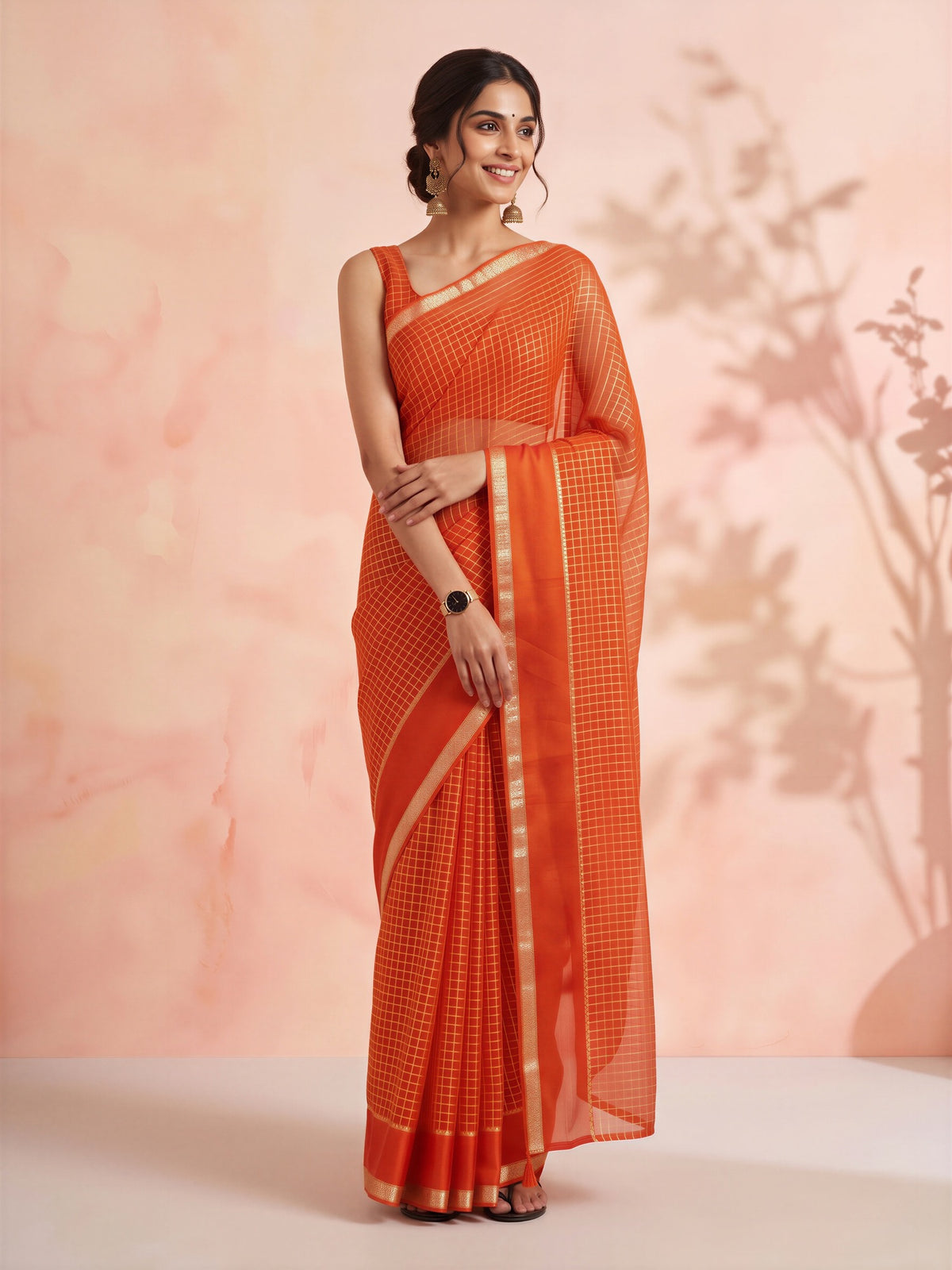 Orange Viscose saree – detail view 3