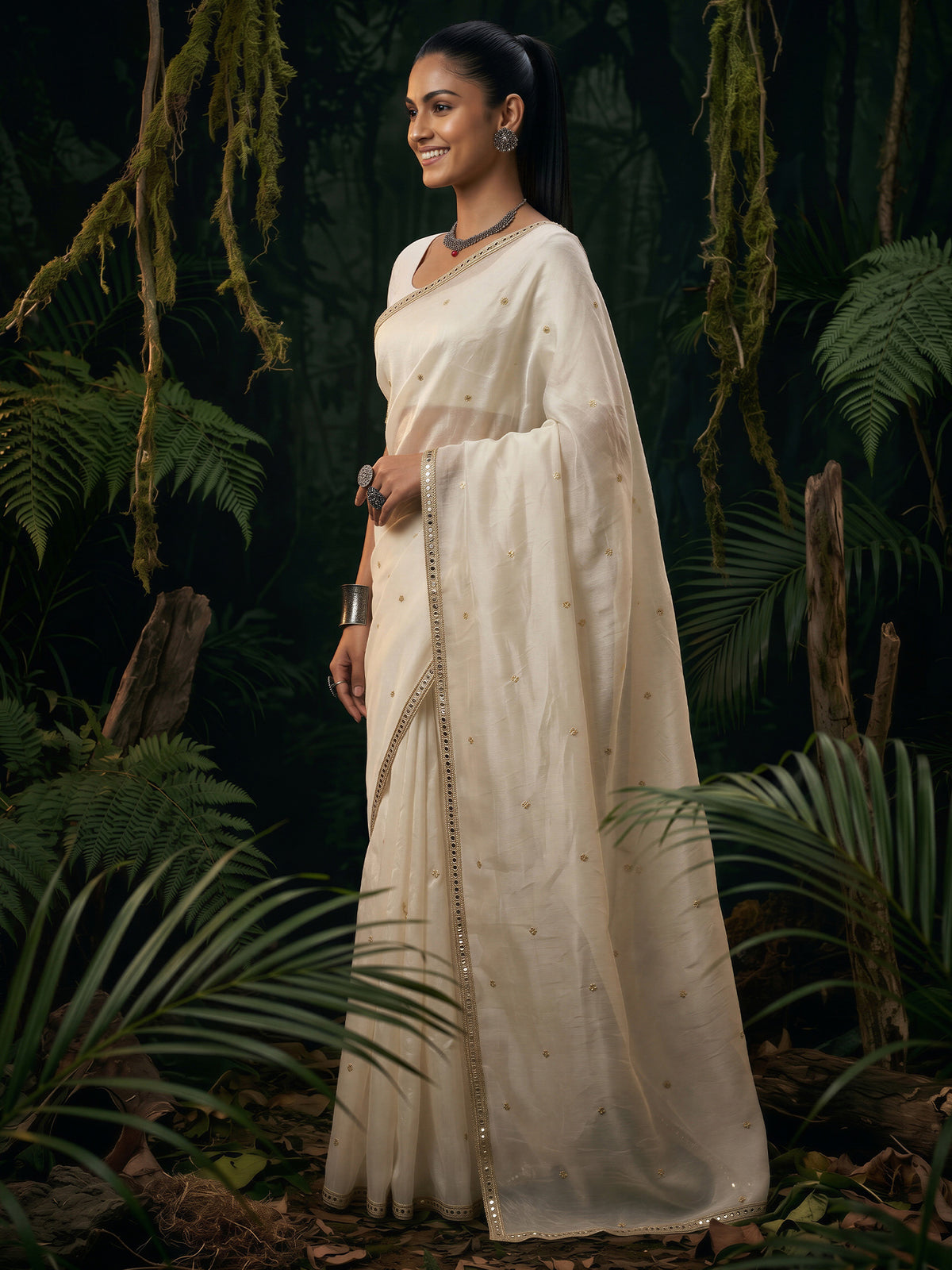 Off White Satin saree – detail view 2