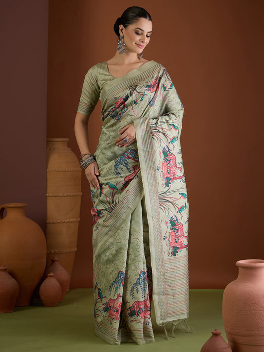 Sea Green ethnic motif art silk saree with sea green blouse piece