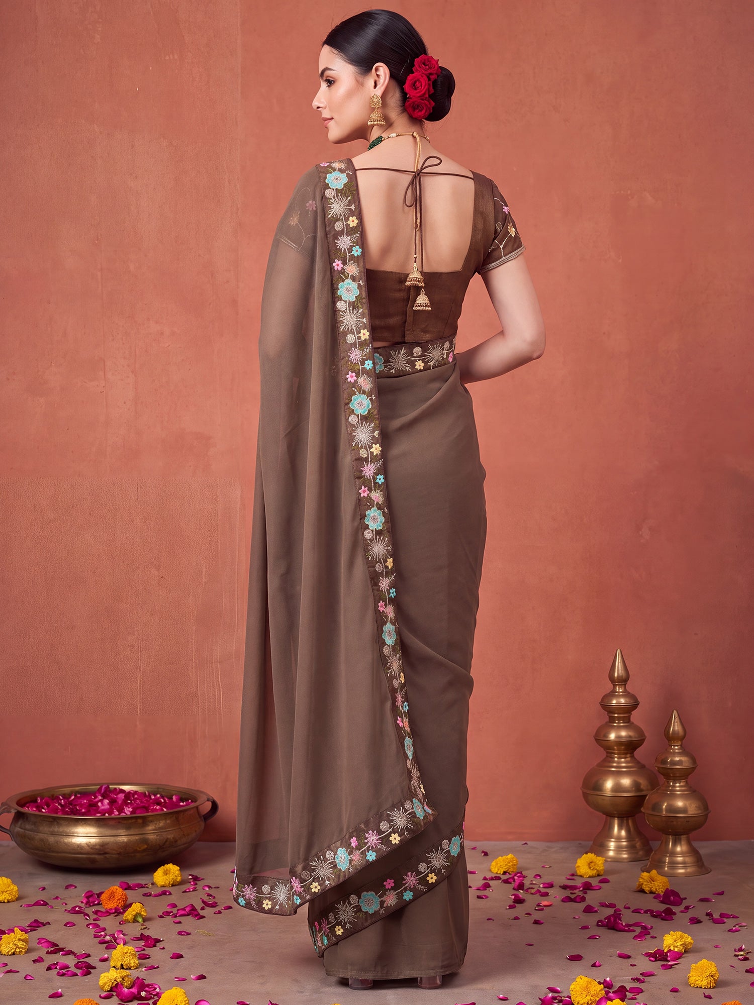 Brown Poly Georgette saree – detail view 1