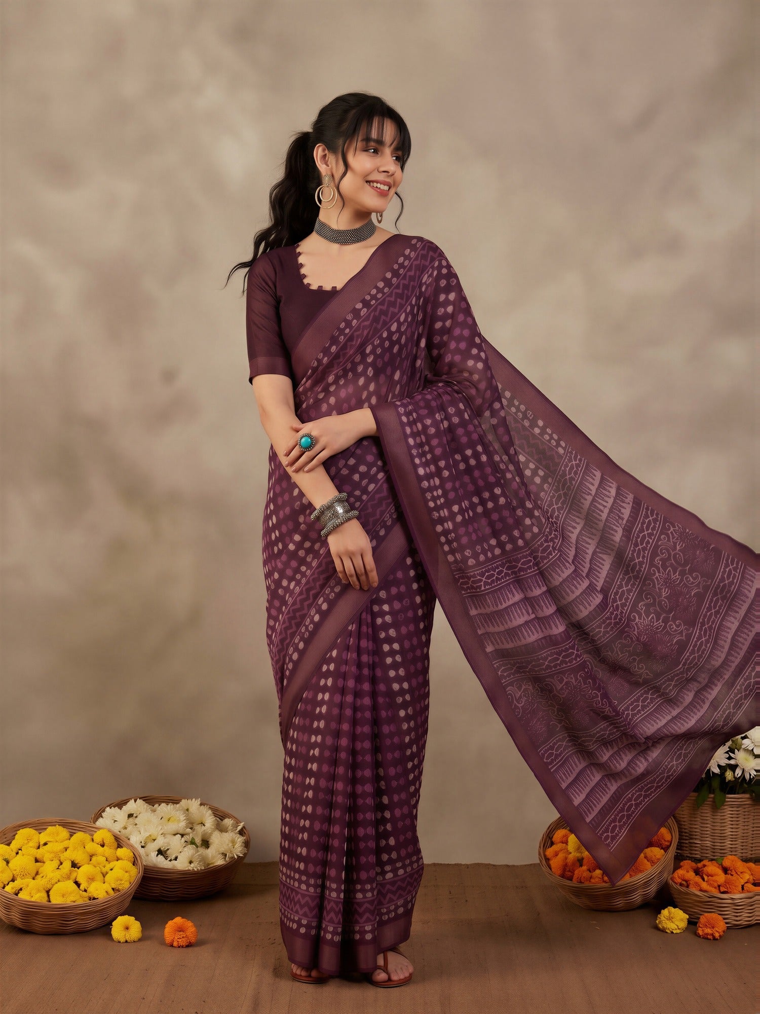 Violet Cotton Linen saree – detail view 3