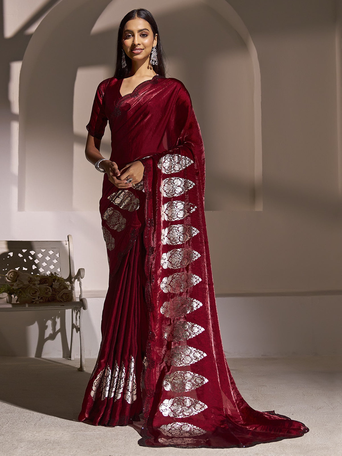 Maroon foil satin silk saree with maroon blouse piece