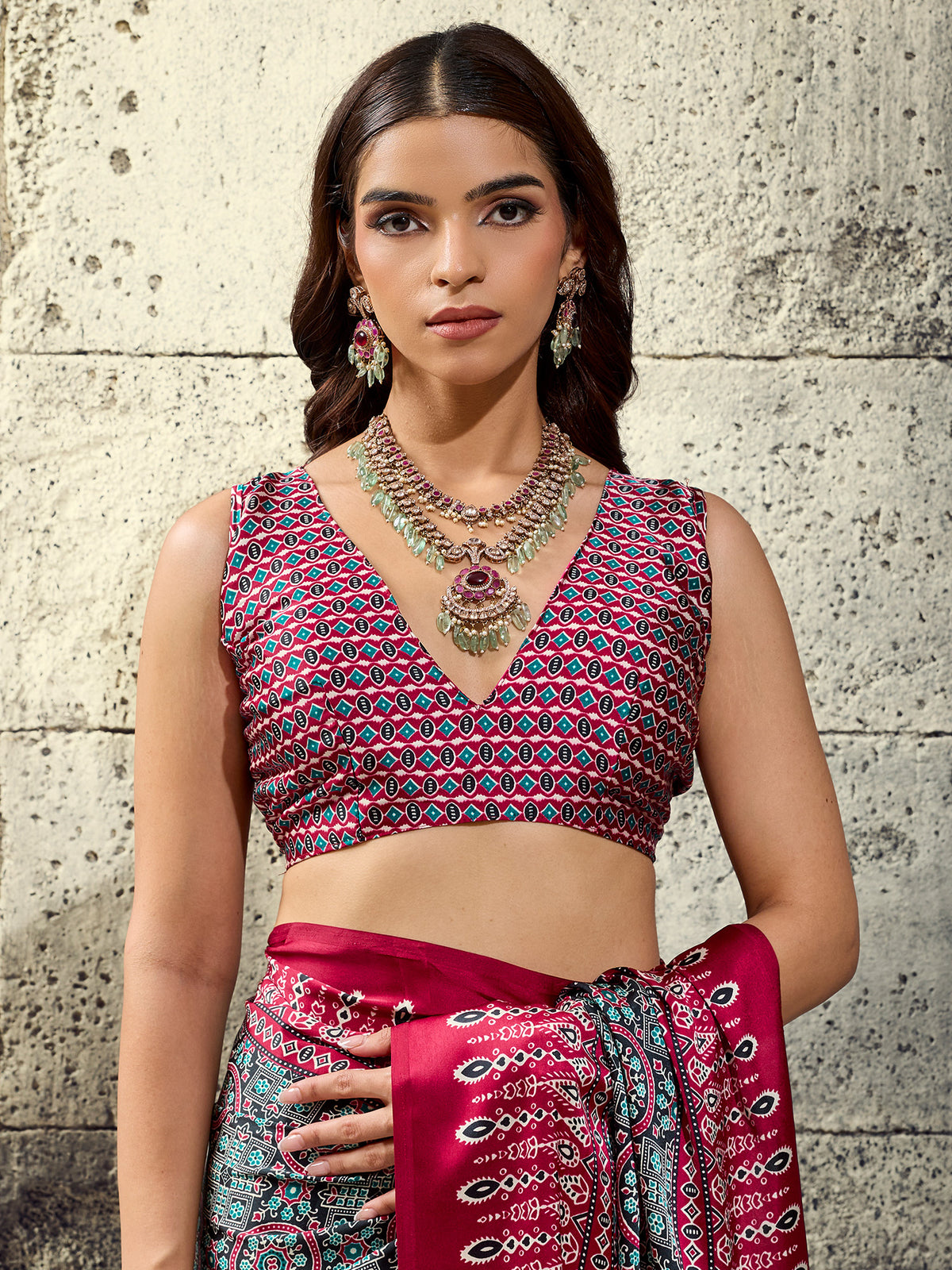 Unstitched maroon satin blouse piece with ajrak design