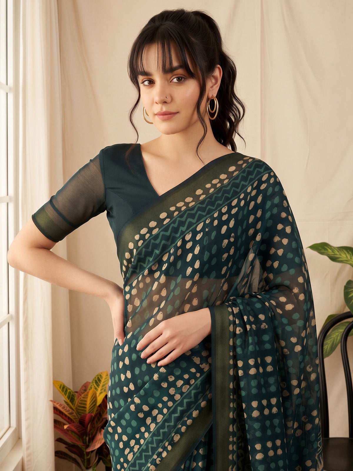 Teal Blue Cotton Linen saree – detail view 4