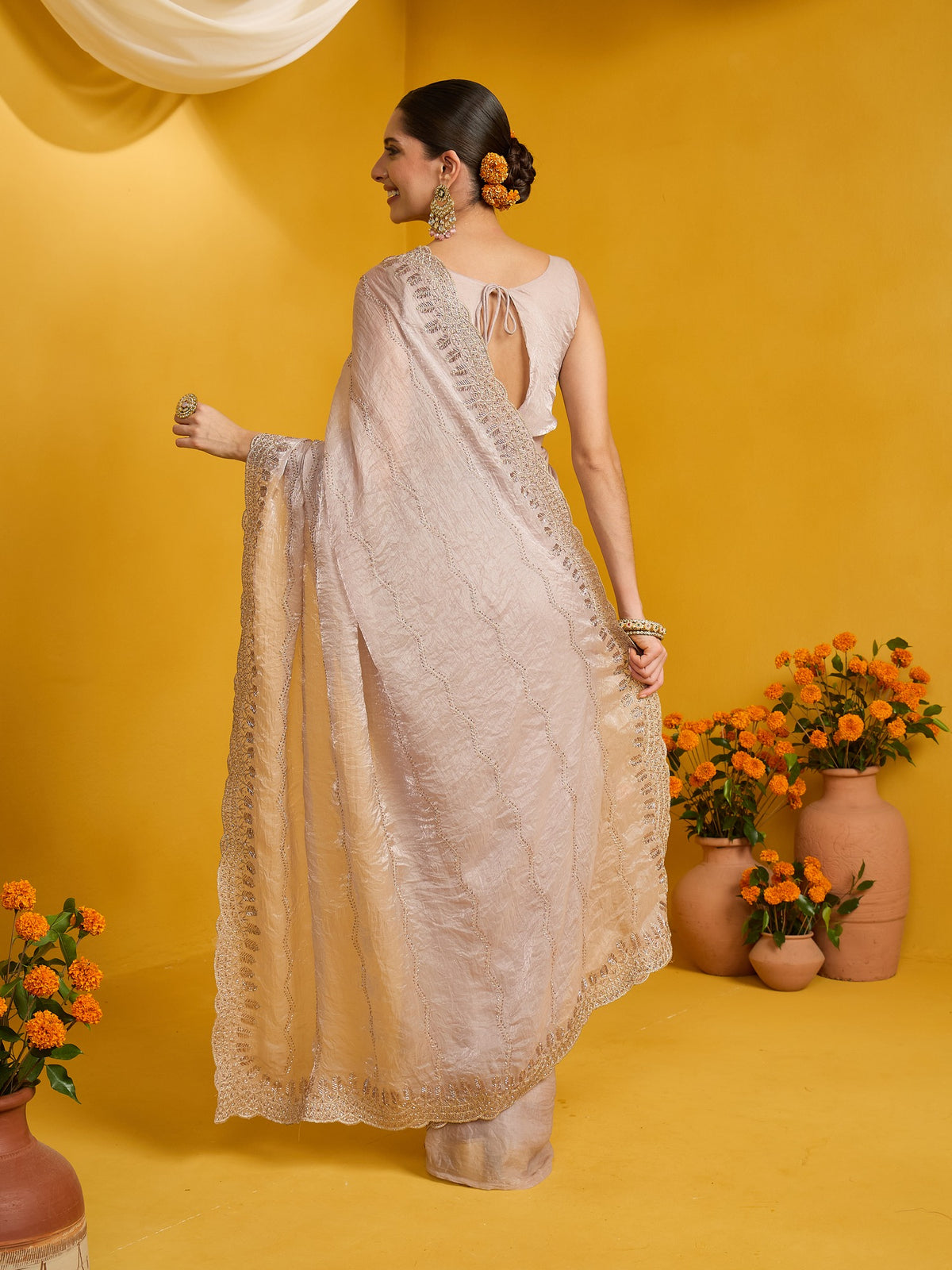 Beige Satin Silk saree – detail view 6