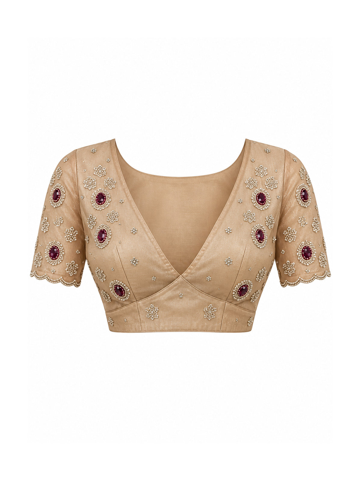Unstitched champagne organza blouse piece with embellished design