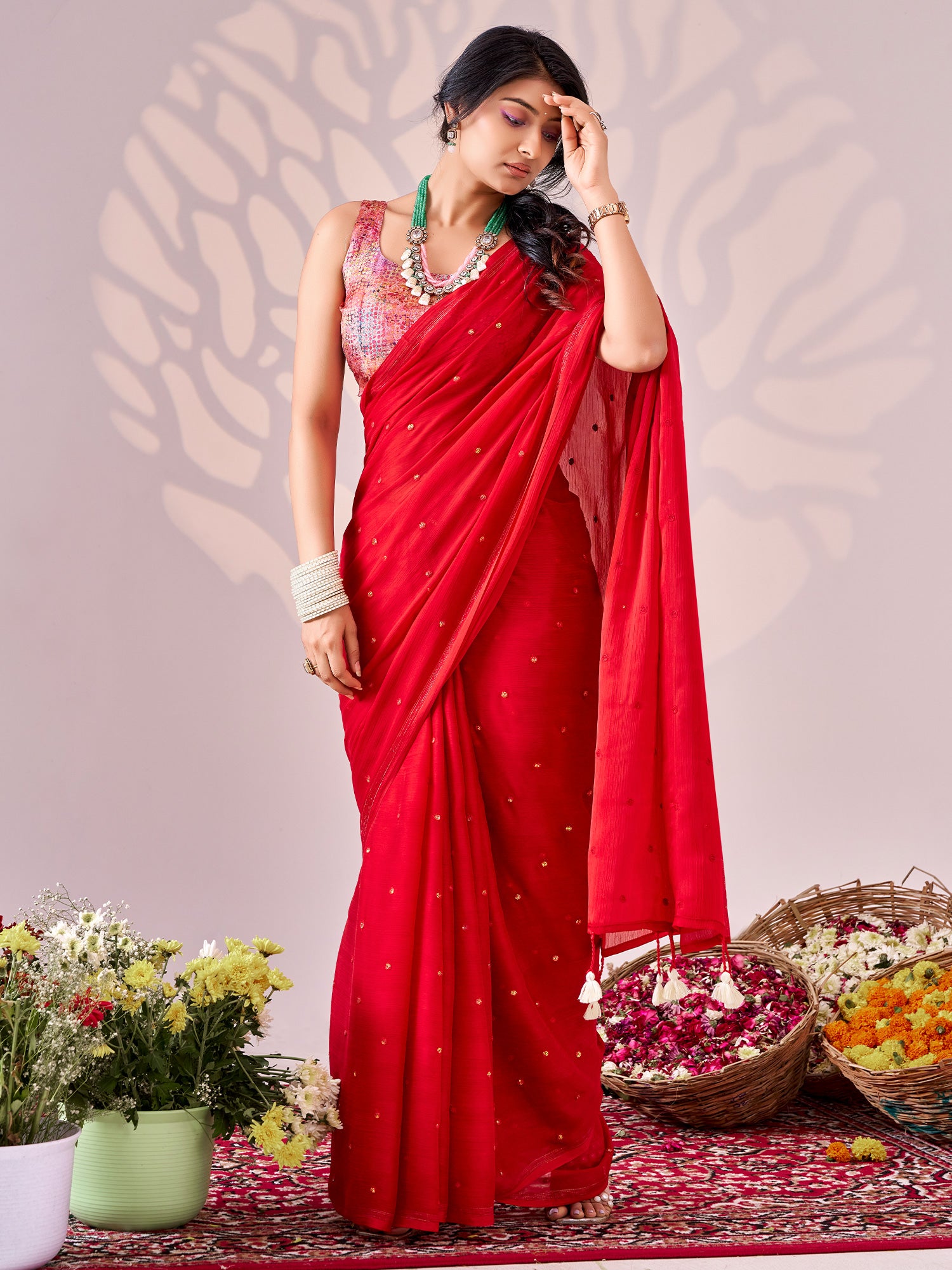 Red Chiffon saree – detail view 1