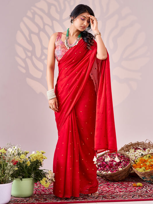 Red Chiffon saree – detail view 1