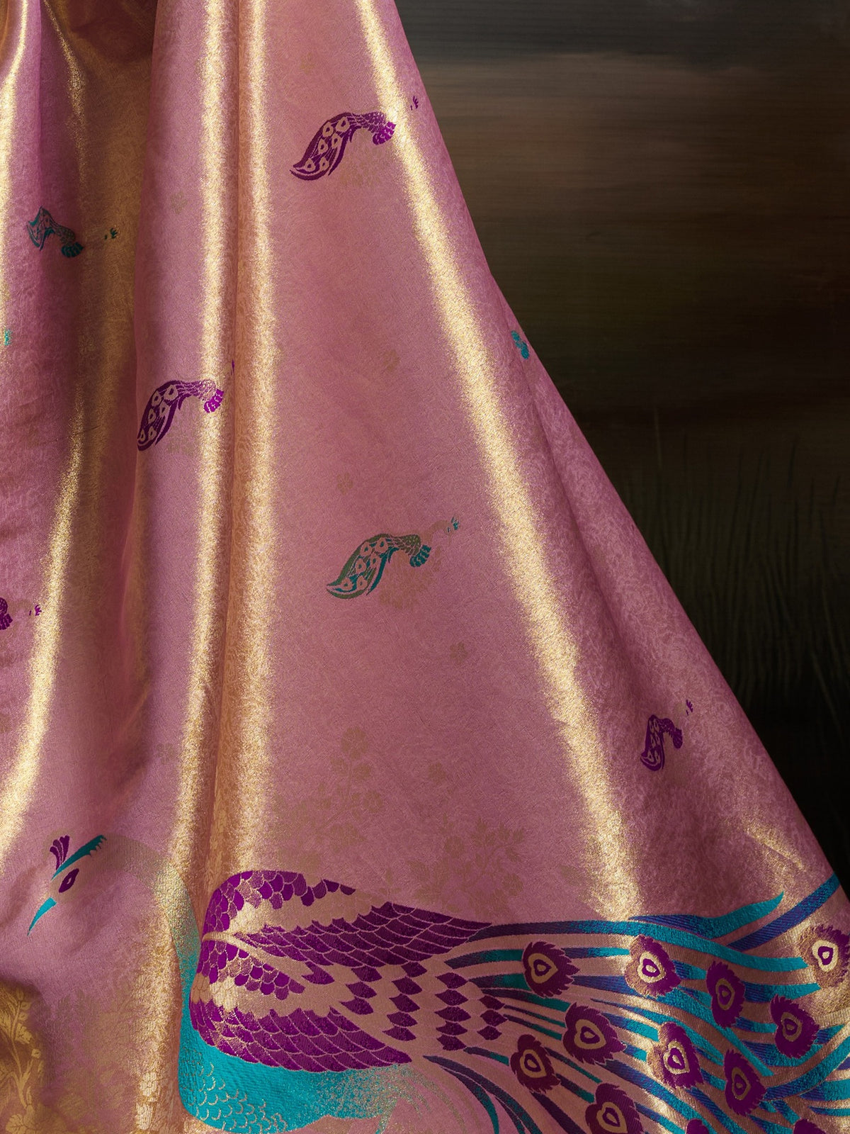 Pallu detail of lavender banarasi silk saree showing woven motif design and zari border