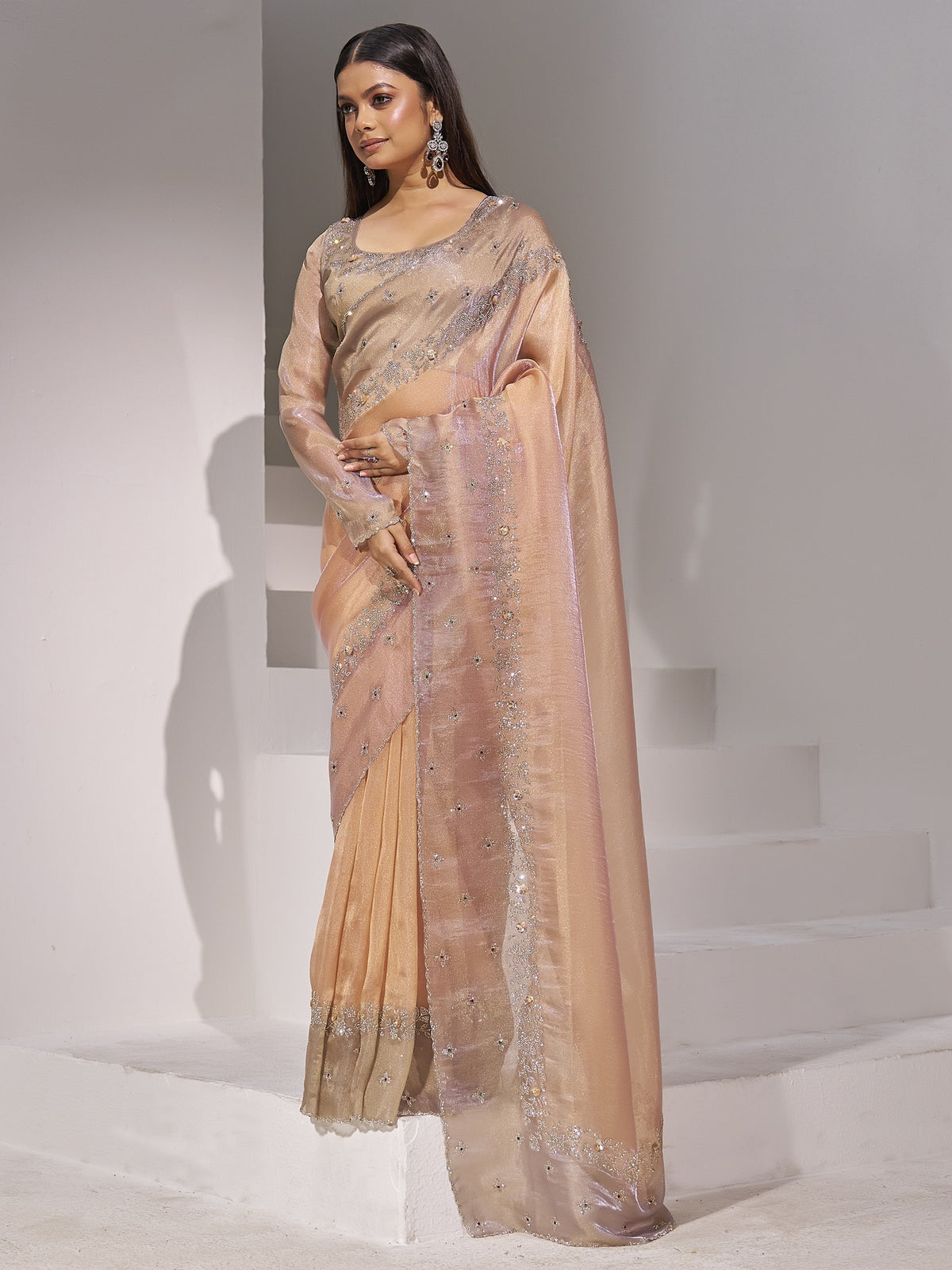 Peach organza saree view 1