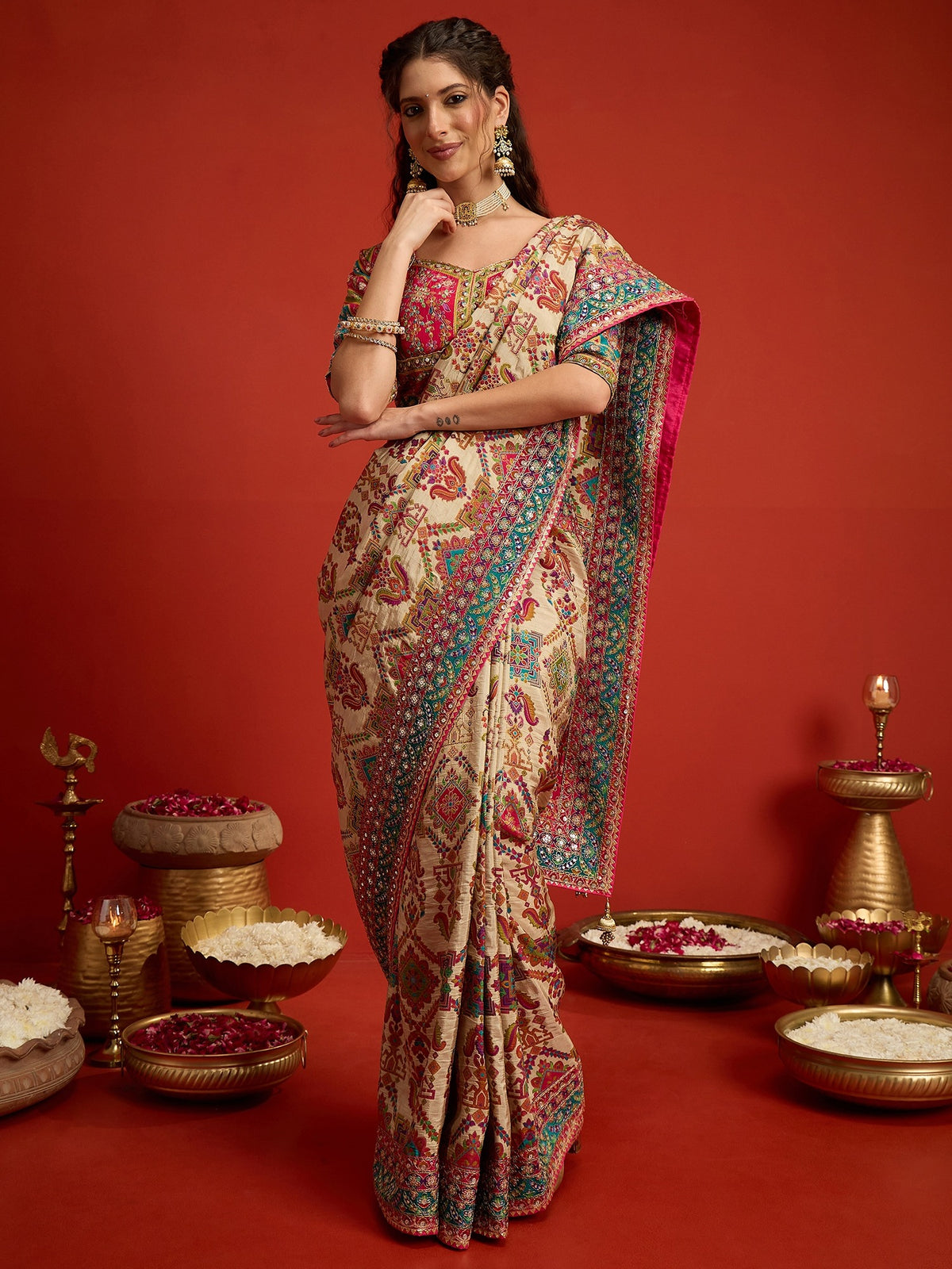 Cream Silk Blend saree – detail view 3
