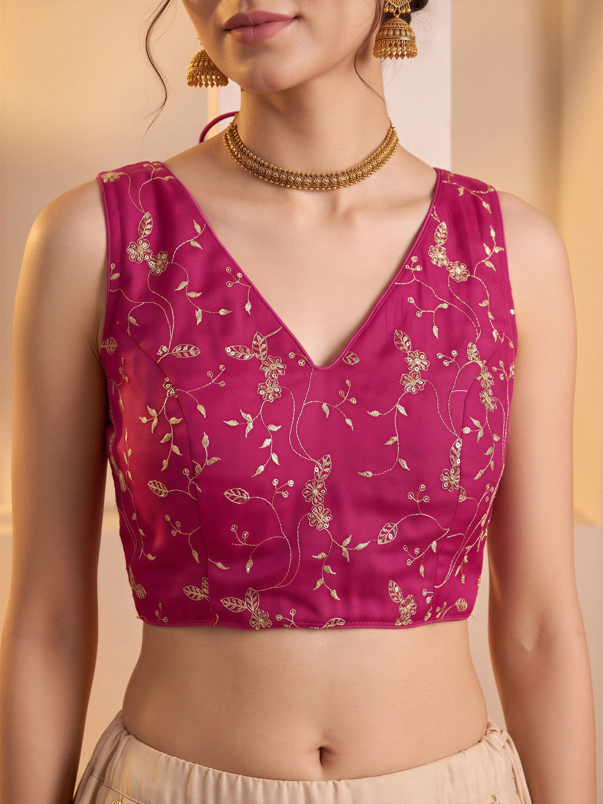 Magenta sequin embroidered vichitra silk sleeveless readymade saree blouse with v neck view 3