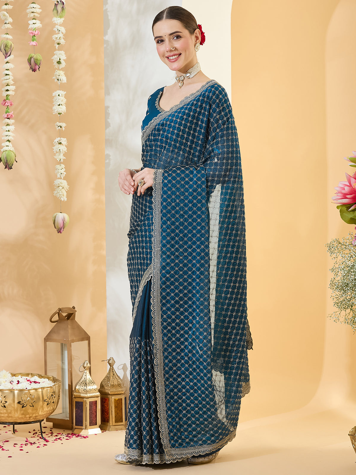 Teal Blue Satin saree – detail view 2
