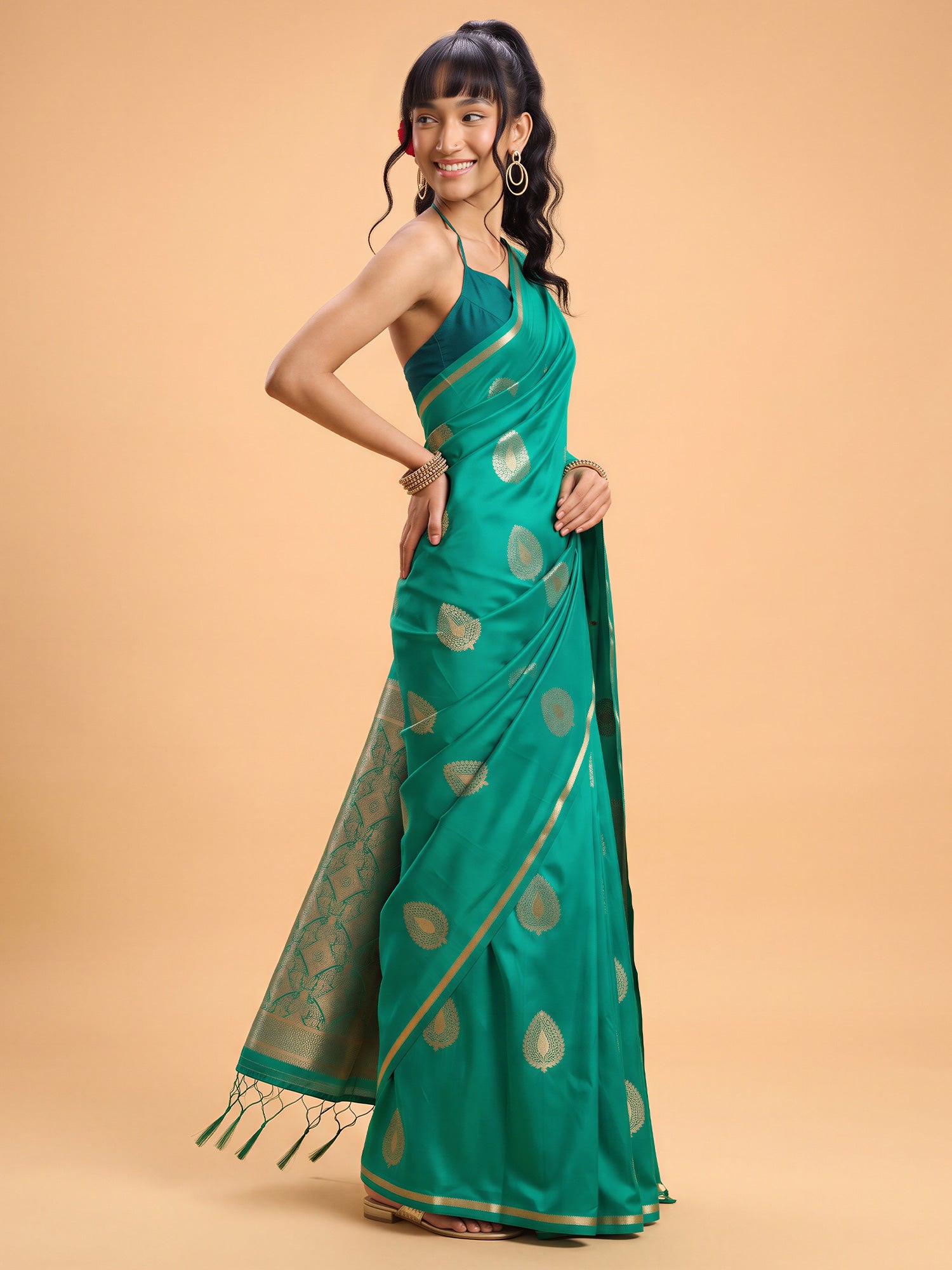 Teal Green Satin Silk saree – detail view 2