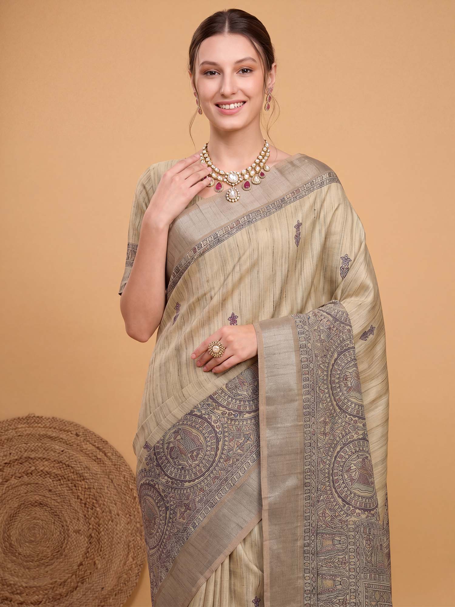 Beige Satin Silk saree – detail view 4