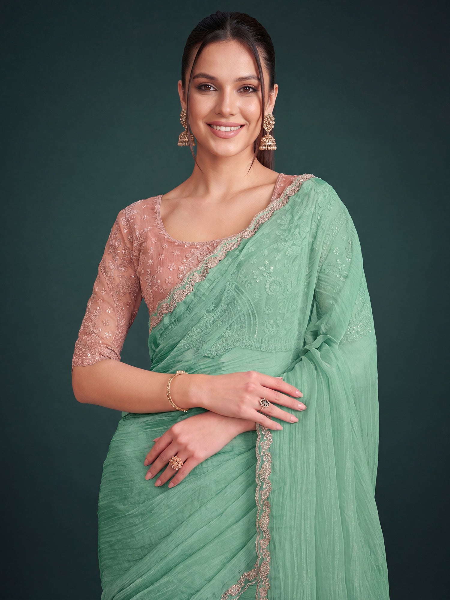 Turquoise Georgette saree – detail view 4