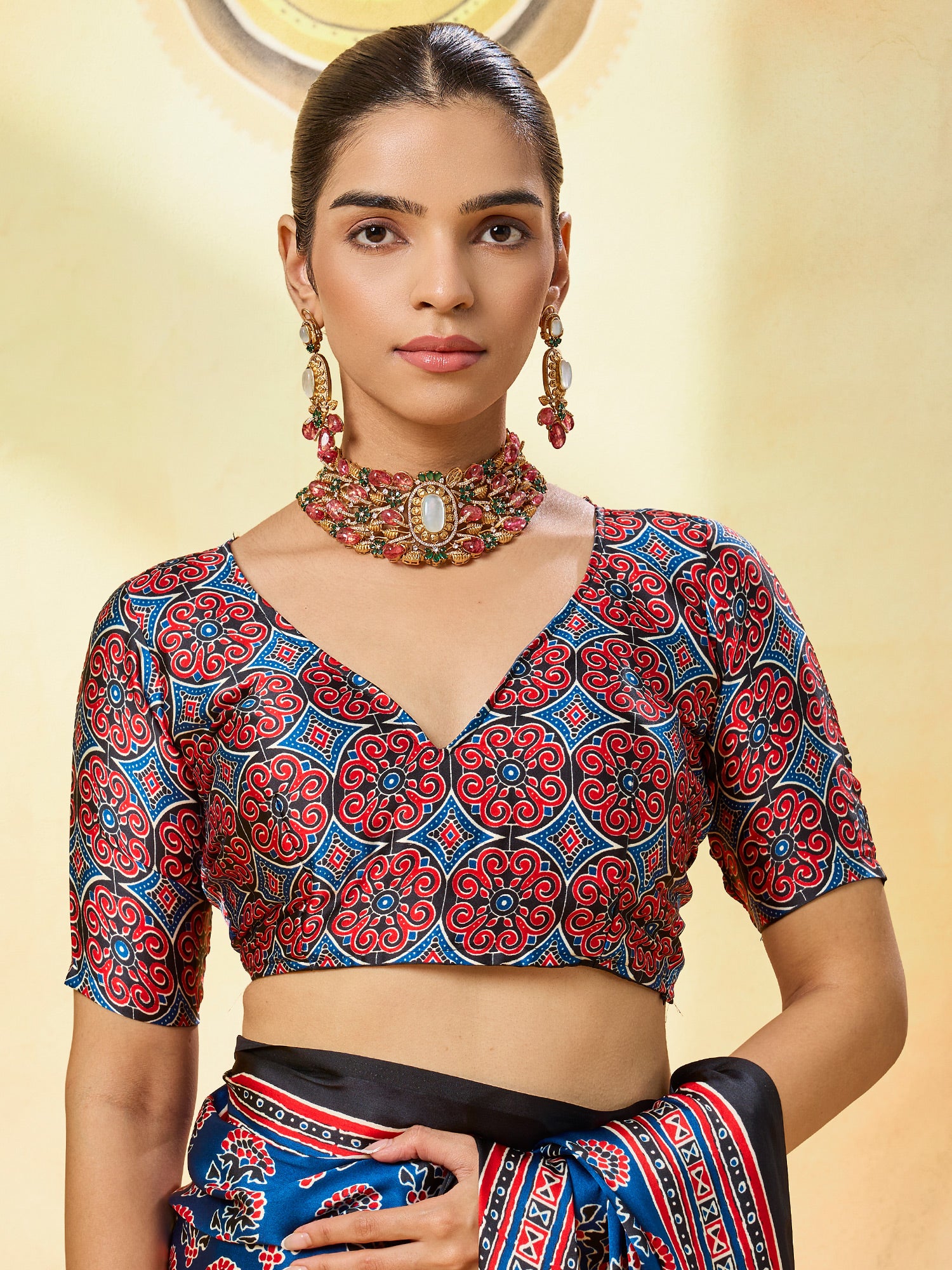 Unstitched red satin blouse piece with ajrak design