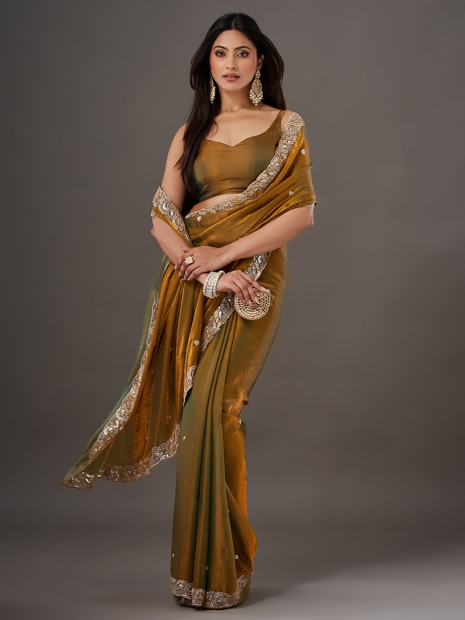 Gold Satin saree – detail view 1