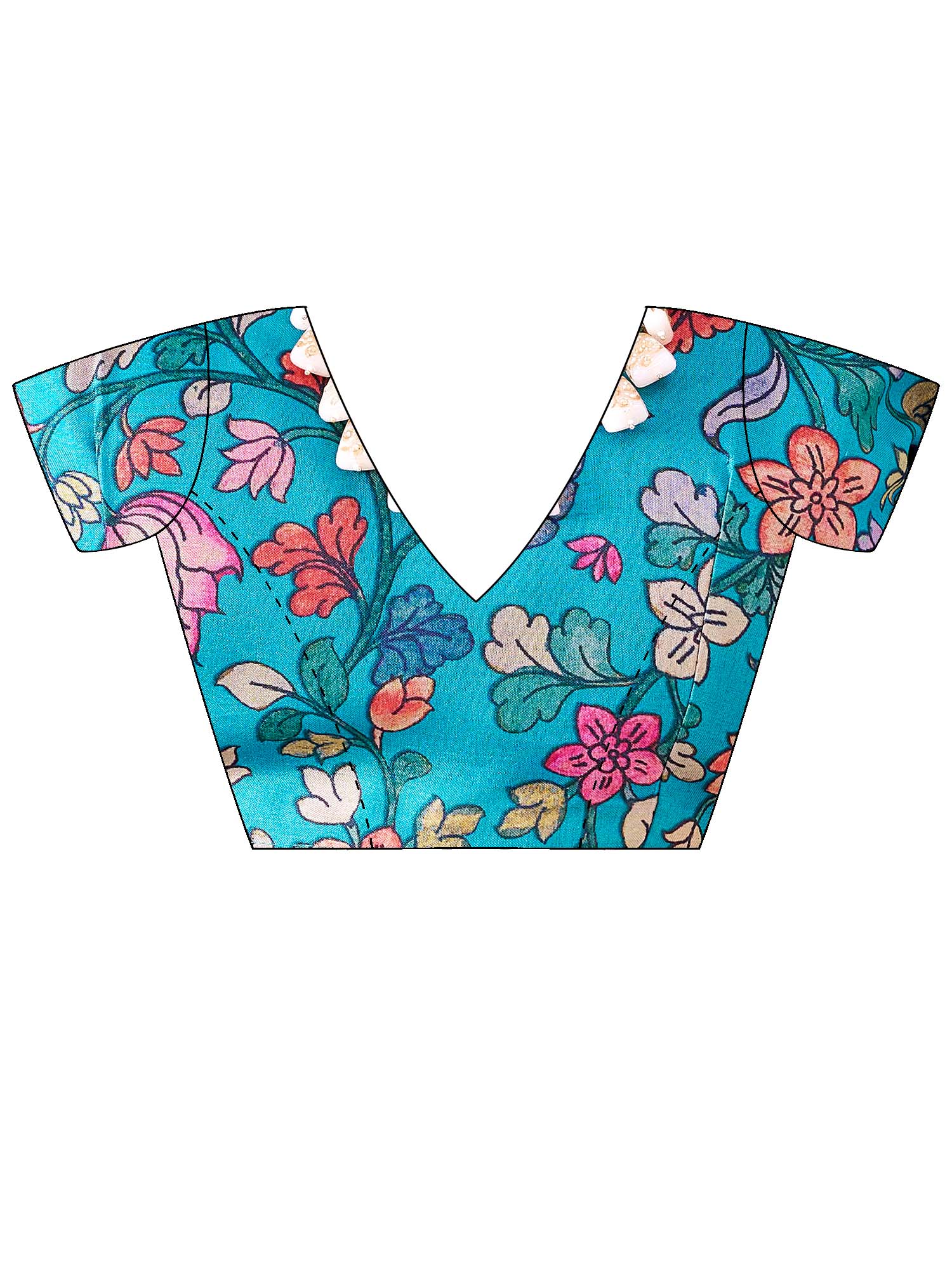 Unstitched turquoise blue tussar silk blouse piece with botanical design